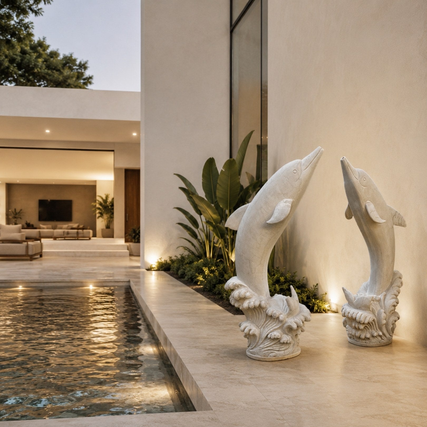 The two leaping marble dolphins lit beside a poolside at dusk