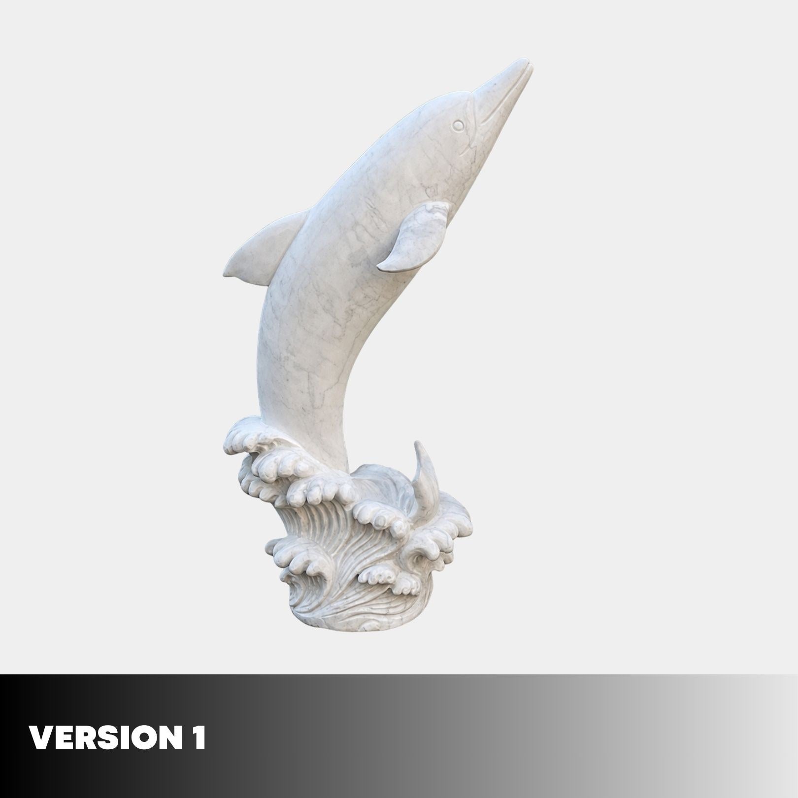 Version 1 of the leaping marble dolphin, body curved in a deep arc