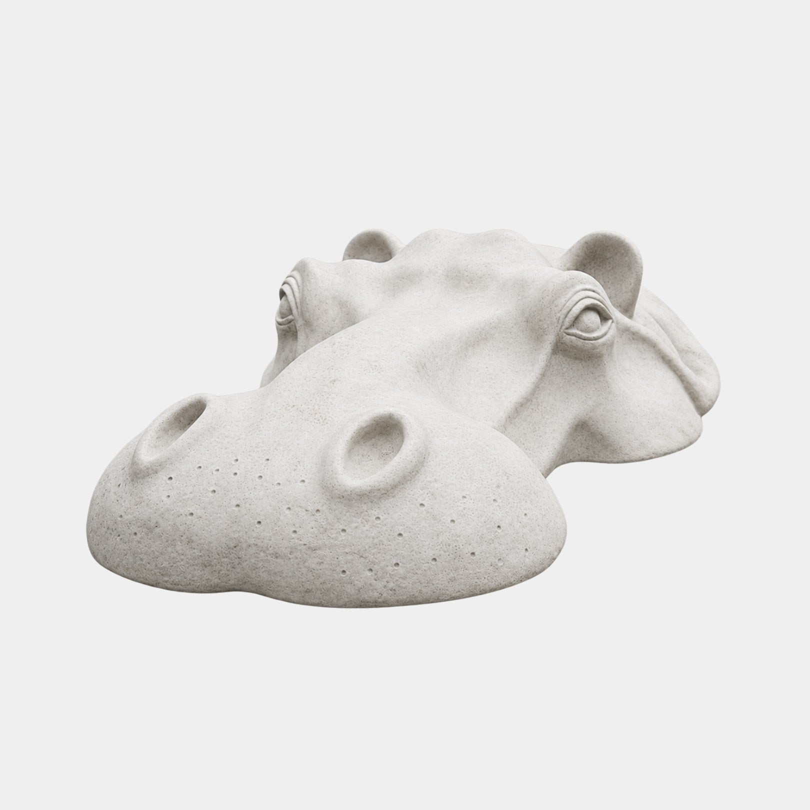 Two white marble hippopotamus heads breaking the surface together