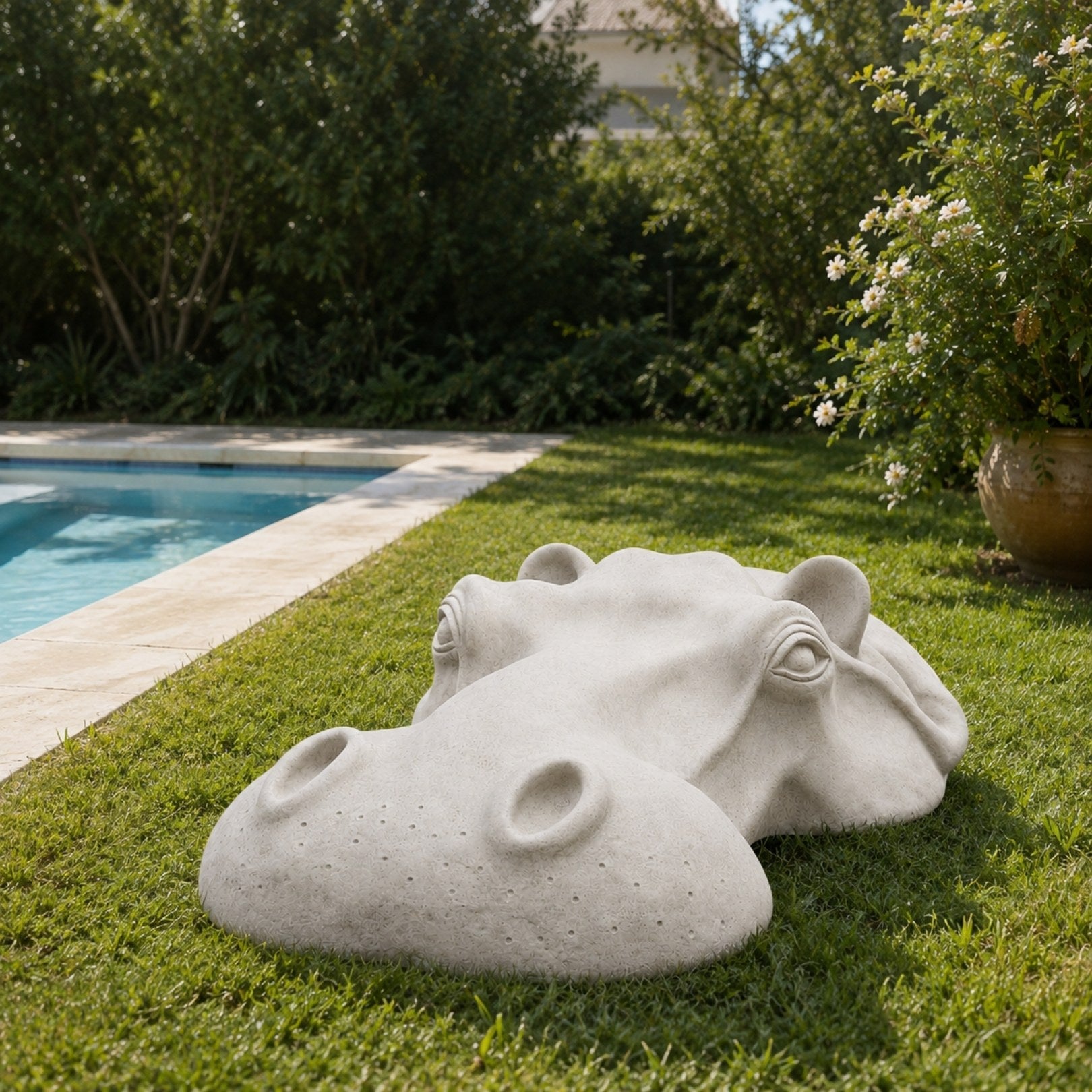 Two white marble hippo heads set directly in mown grass by a pool