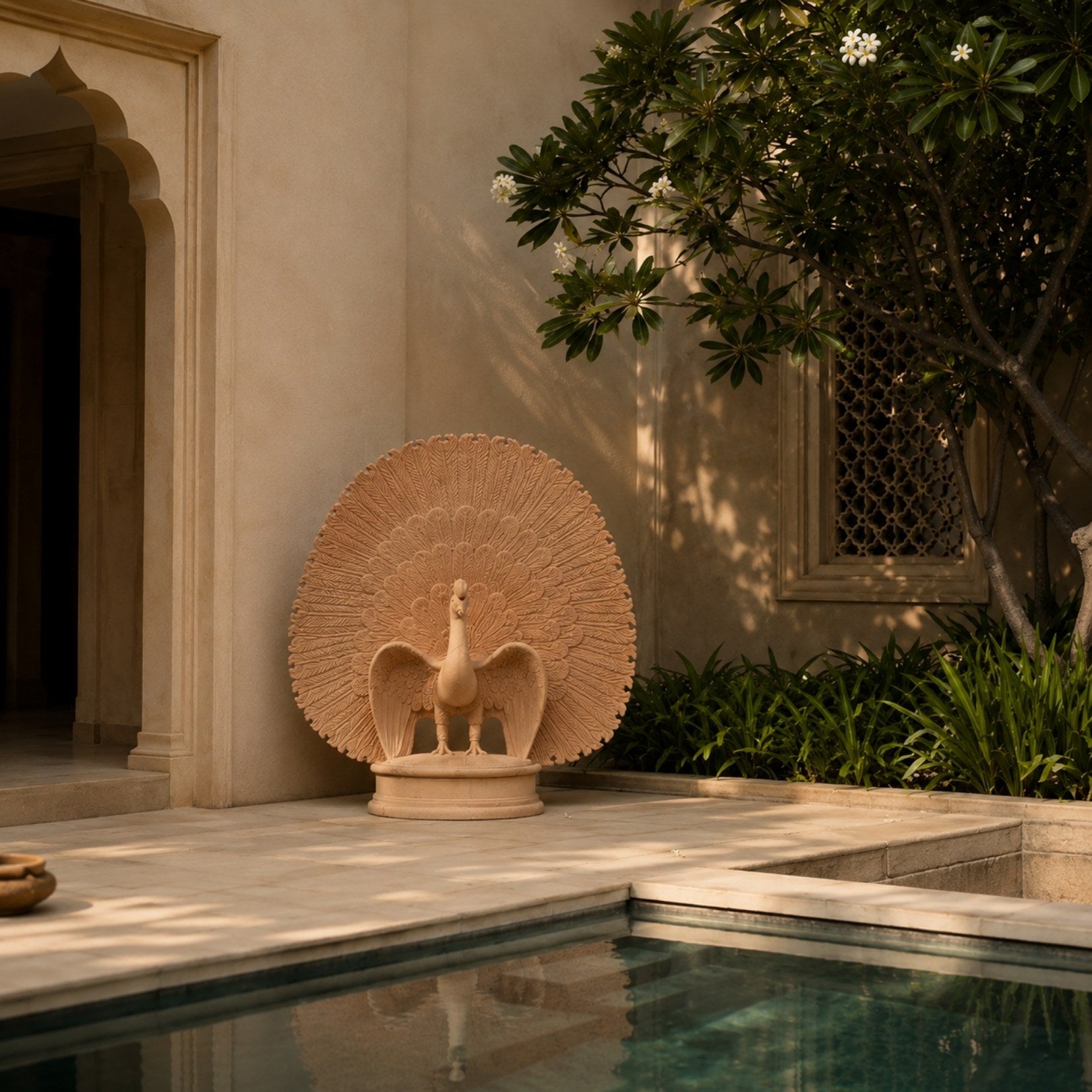 Peach-apricot marble peacock on its socle in a walled courtyard