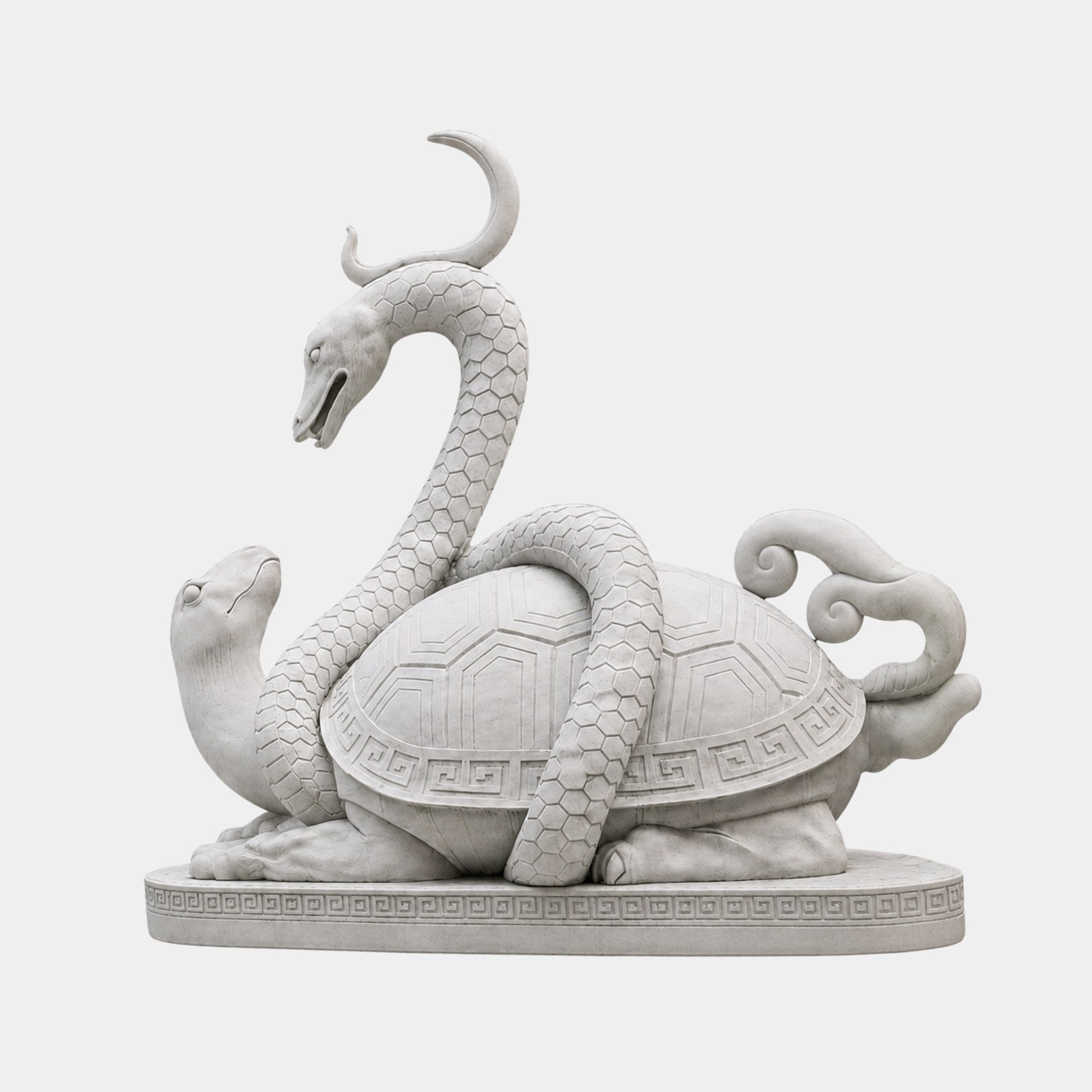 White marble snake coiled through a panelled tortoise shell, both heads raised