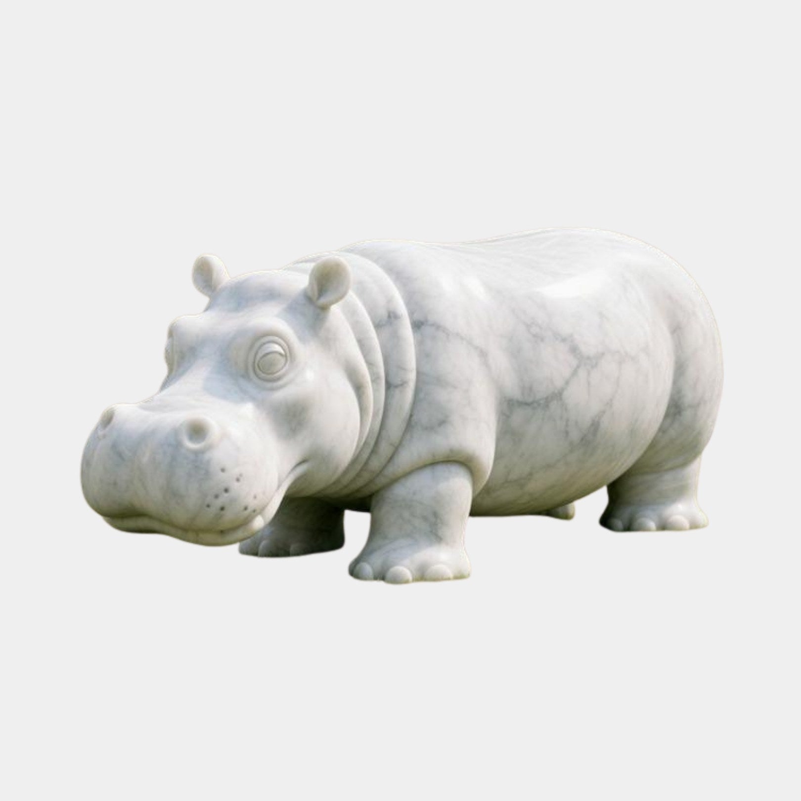 White marble hippopotamus standing on its own four feet with bold grey veining