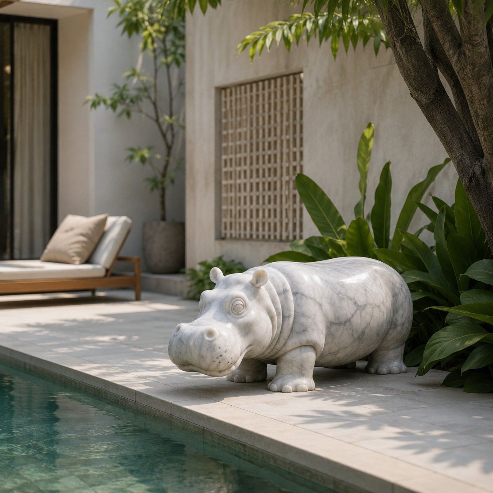 White marble hippo standing on its own feet on poolside paving