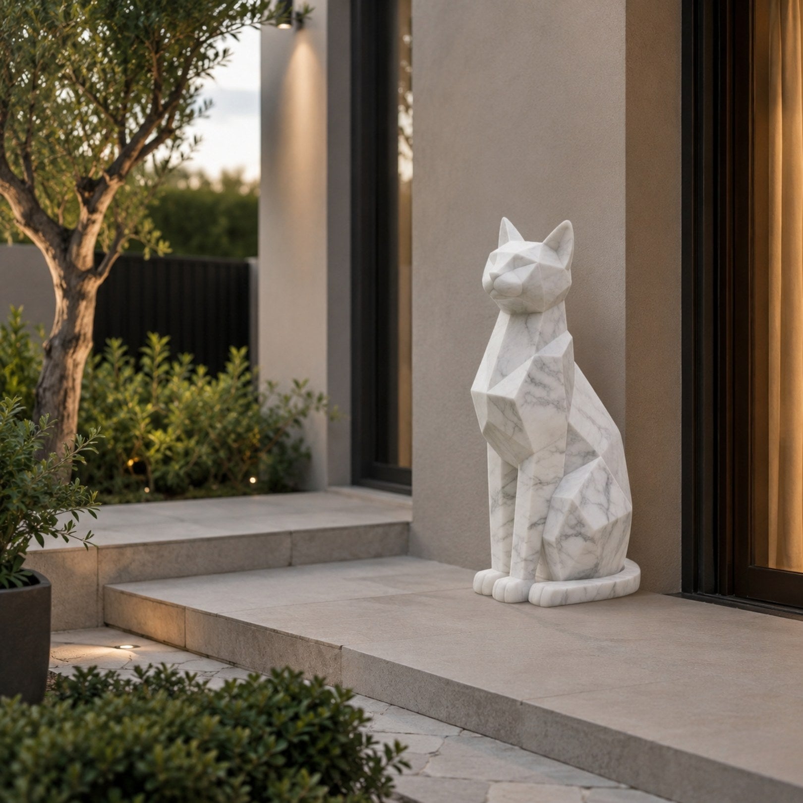Faceted white marble cat on its slab beside a modern entrance