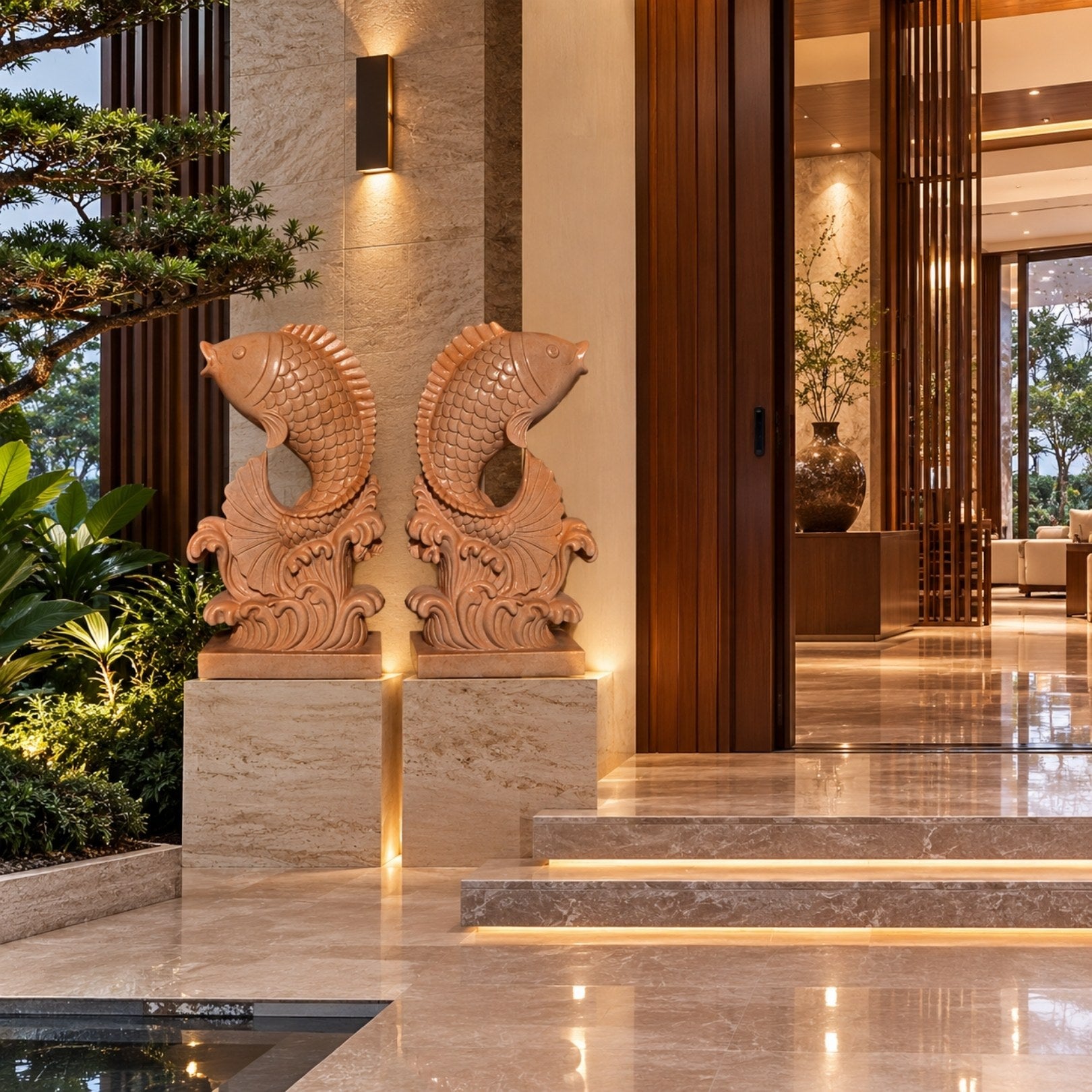 Two mirrored terracotta marble fish shown at a lit hotel entrance