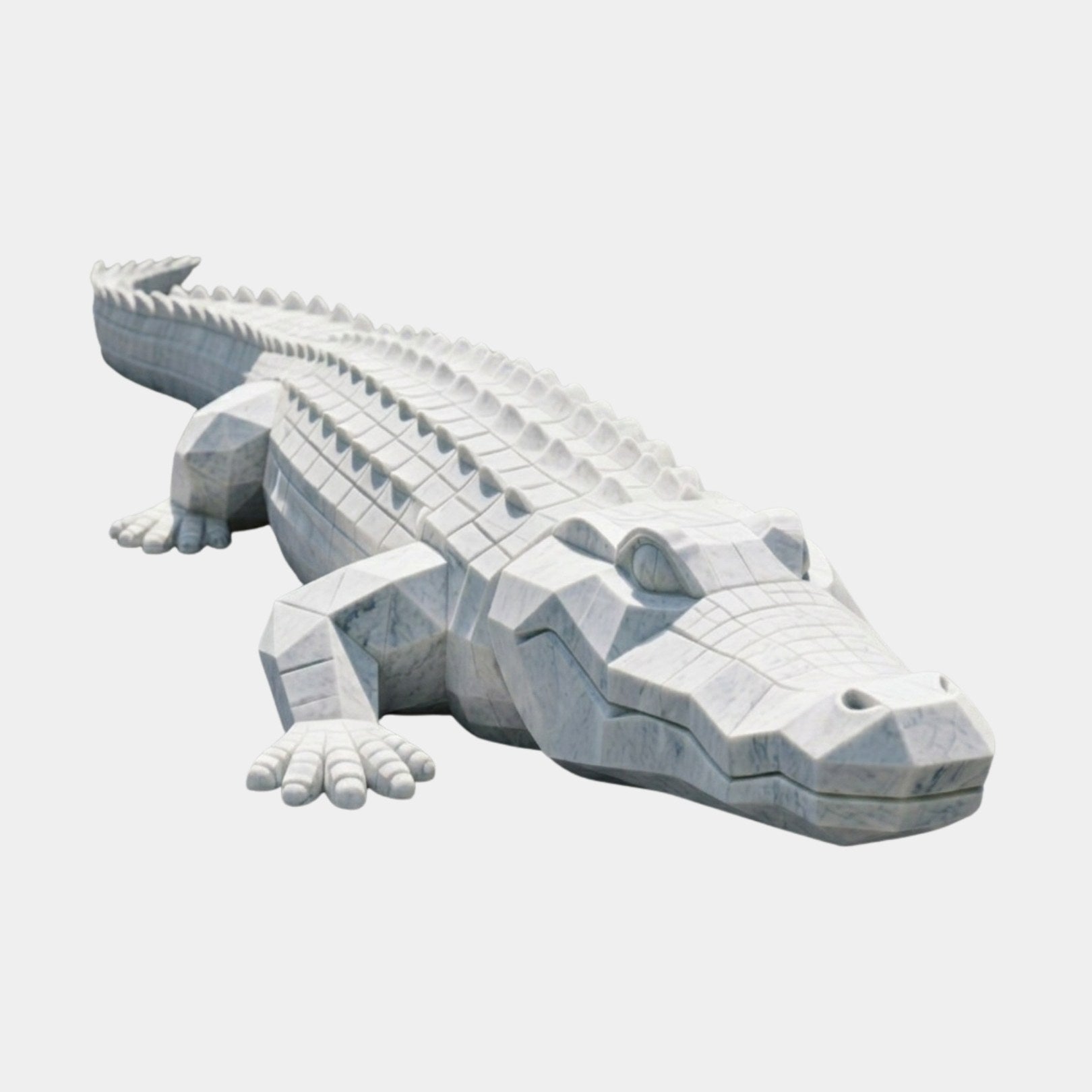 White marble crocodile cut into flat planes with faceted scutes along its back