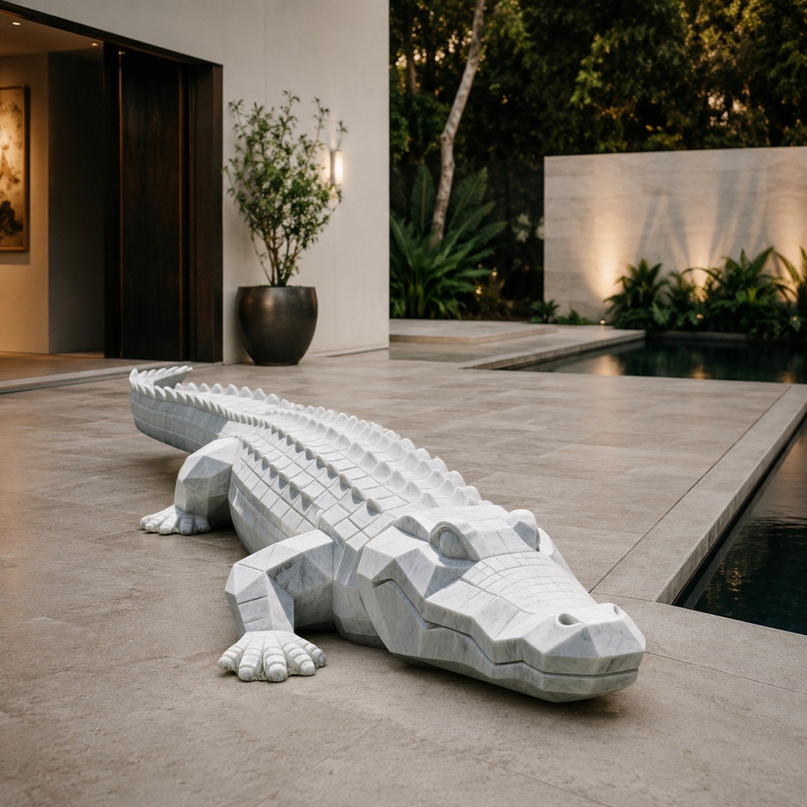Faceted white marble crocodile lying directly on poolside paving