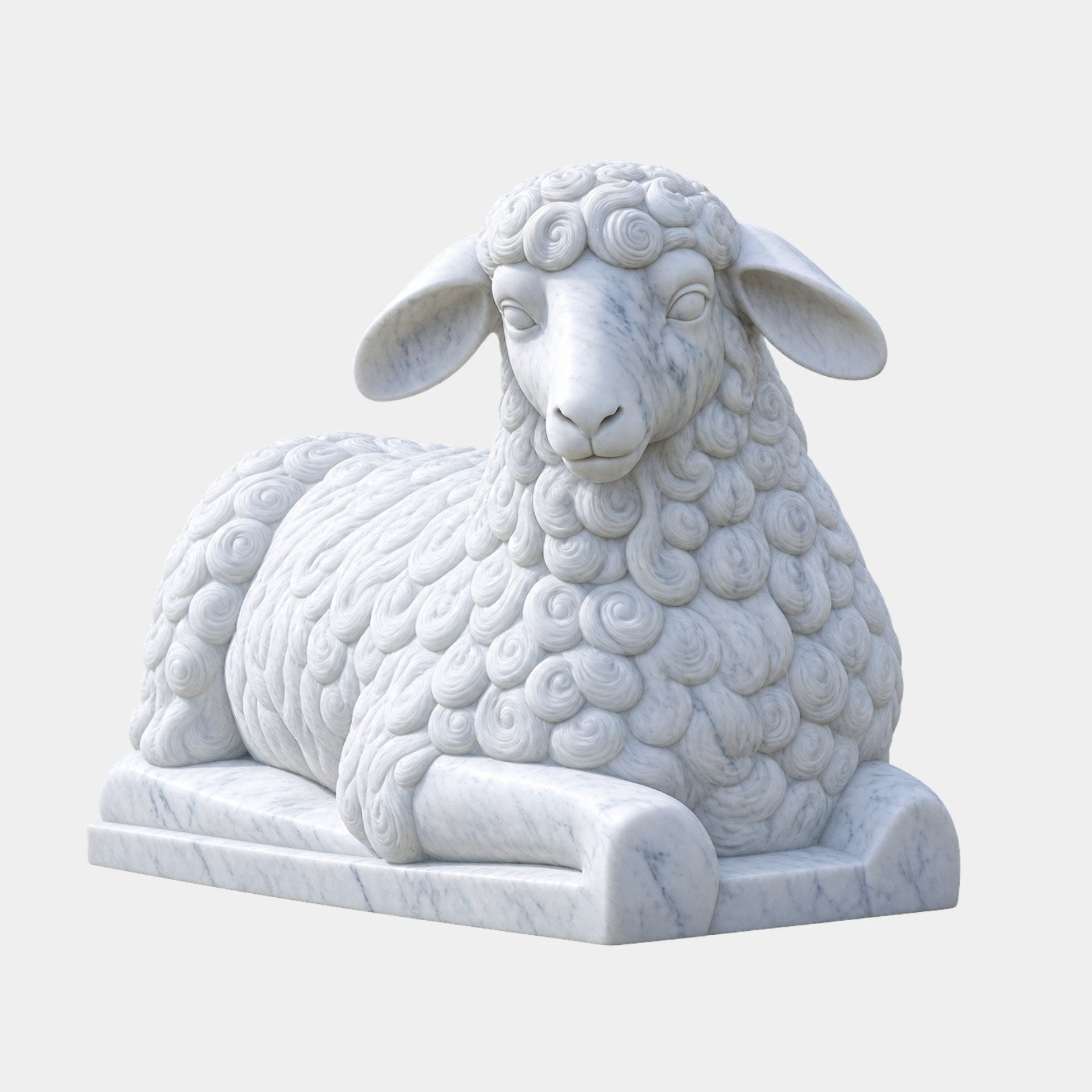 White marble sheep lying with forelegs folded, its fleece in tight spiral curls