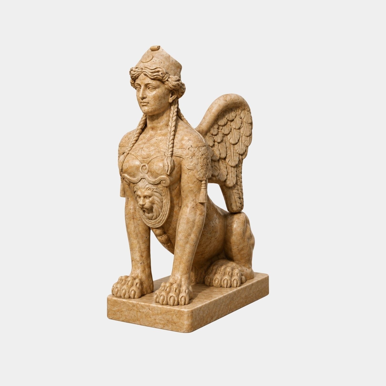 Beige marble winged sphinx couchant with a lion mask on its breast