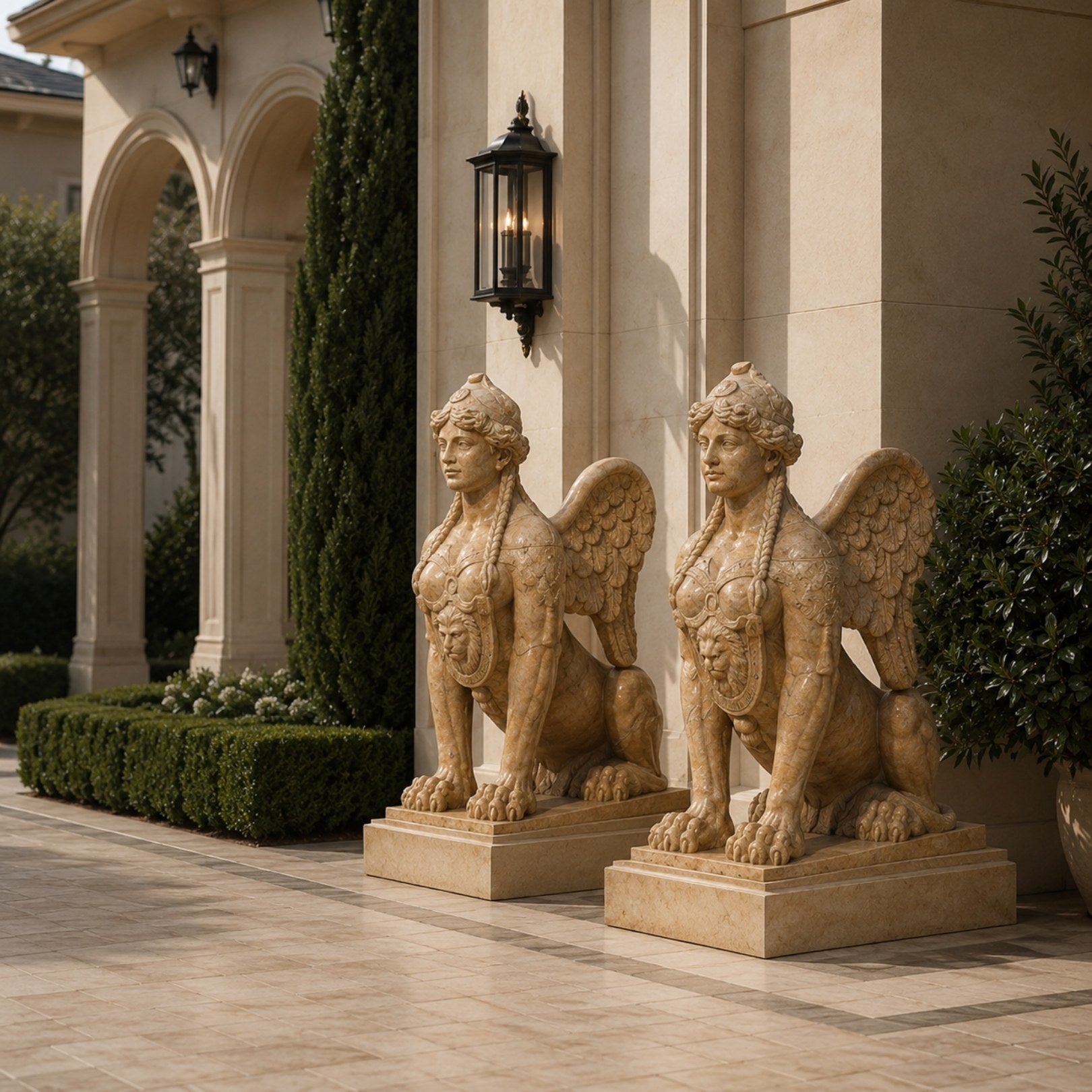 Two beige marble winged sphinxes, each on its own slab, at a forecourt