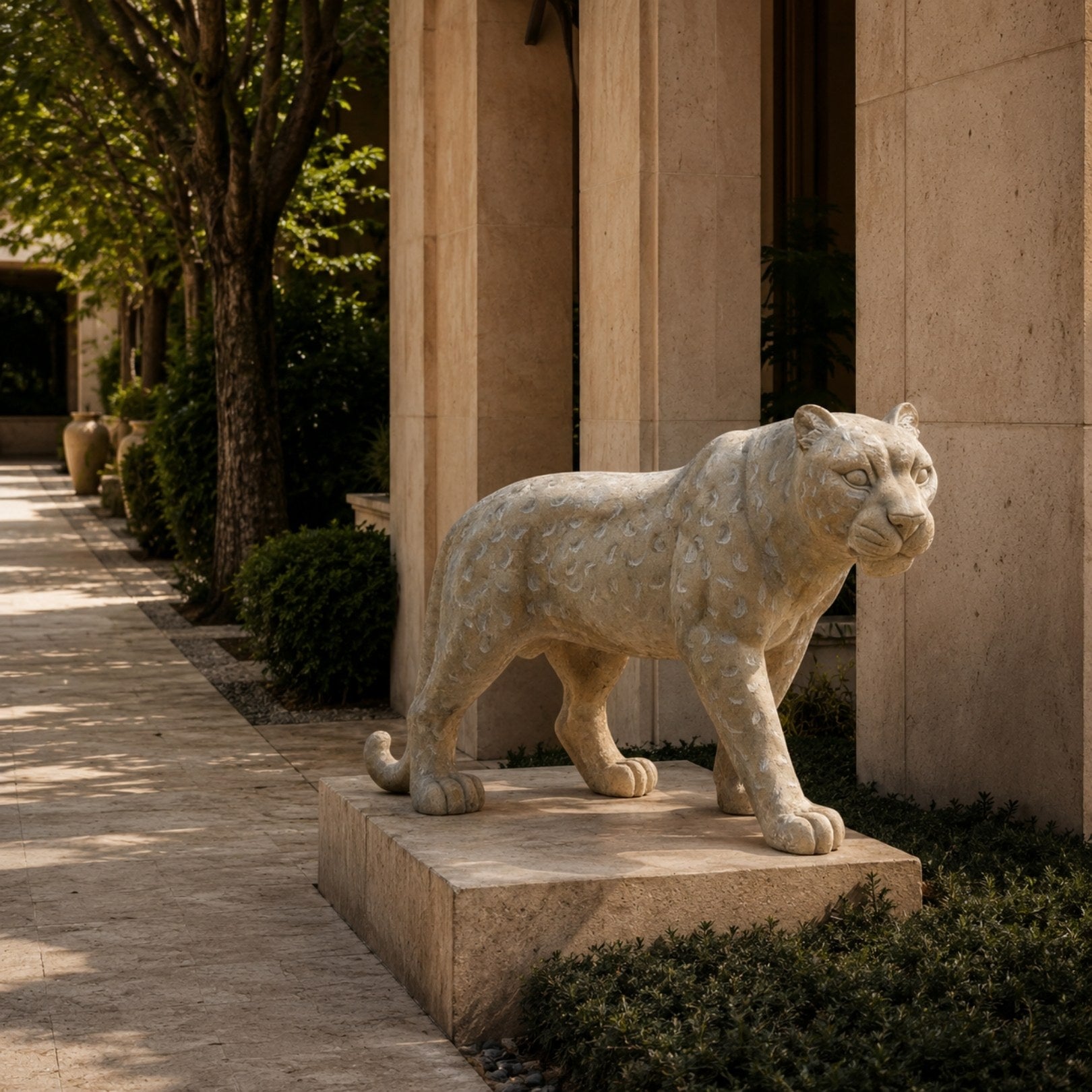 Beige marble leopard shown in a stone colonnade