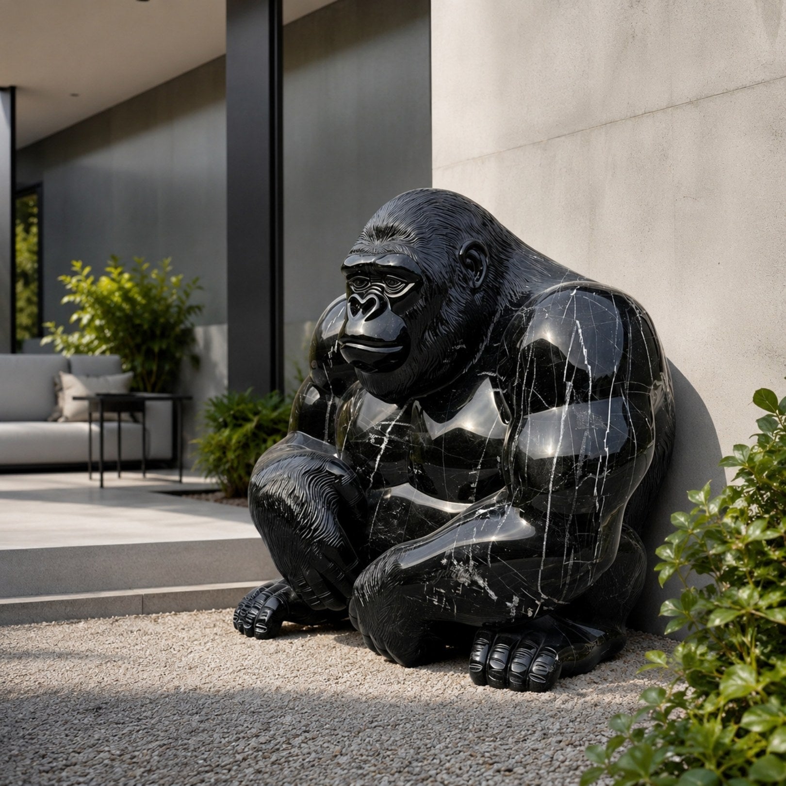 Black marble gorilla shown on gravel against a concrete wall