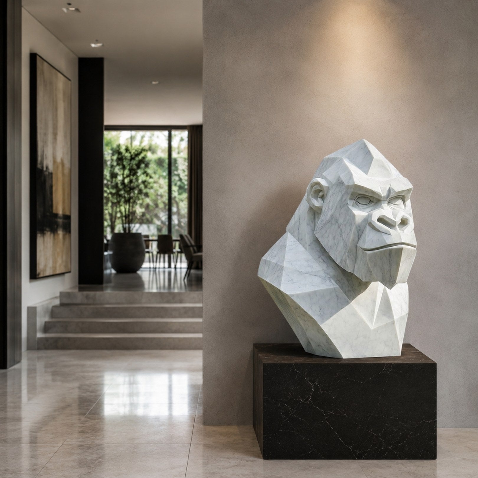Faceted marble gorilla head shown indoors in a hall