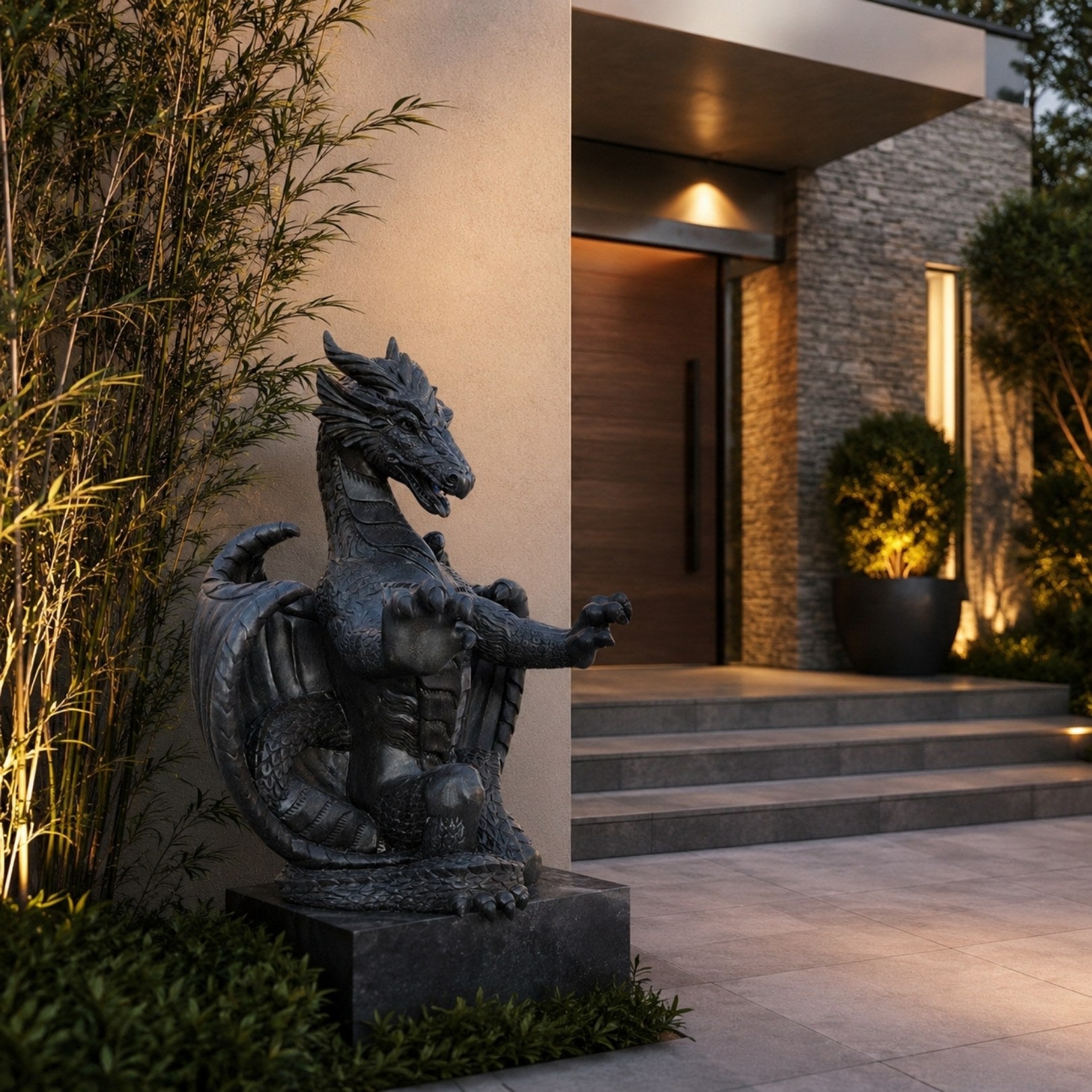 Near-black marble dragon shown at dusk beside a modern entrance