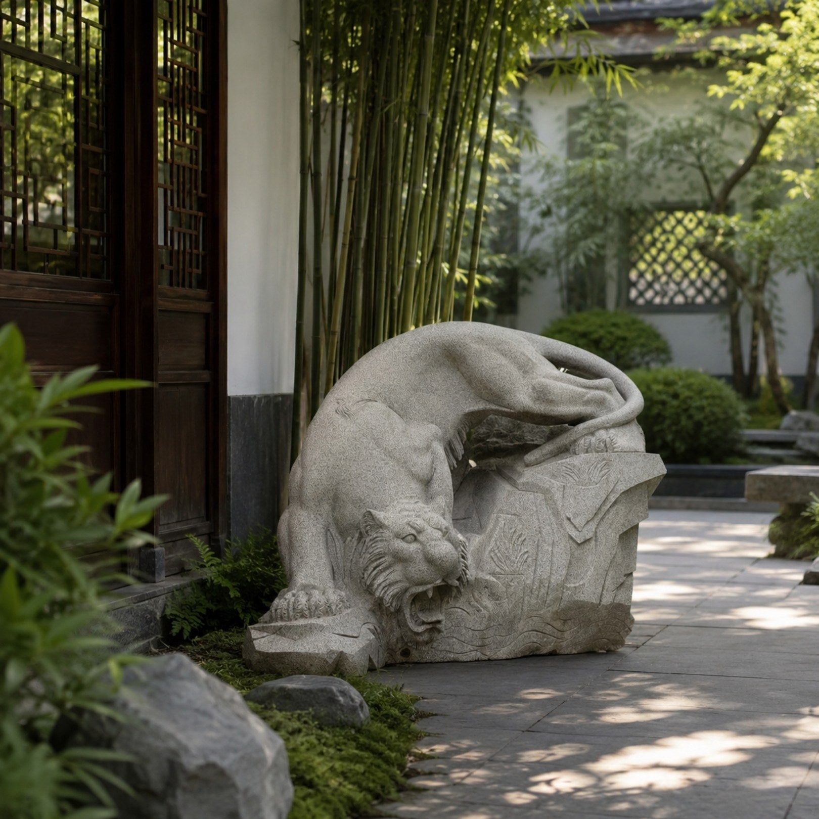 Grey granite tiger on its rock base in a paved courtyard