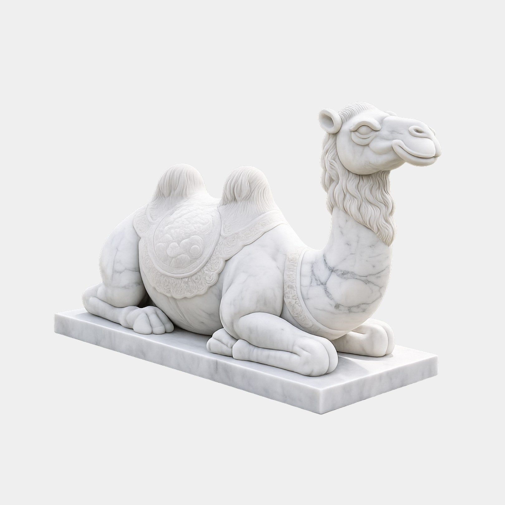 White marble Bactrian camel couchant with an ornate saddle-cloth medallion