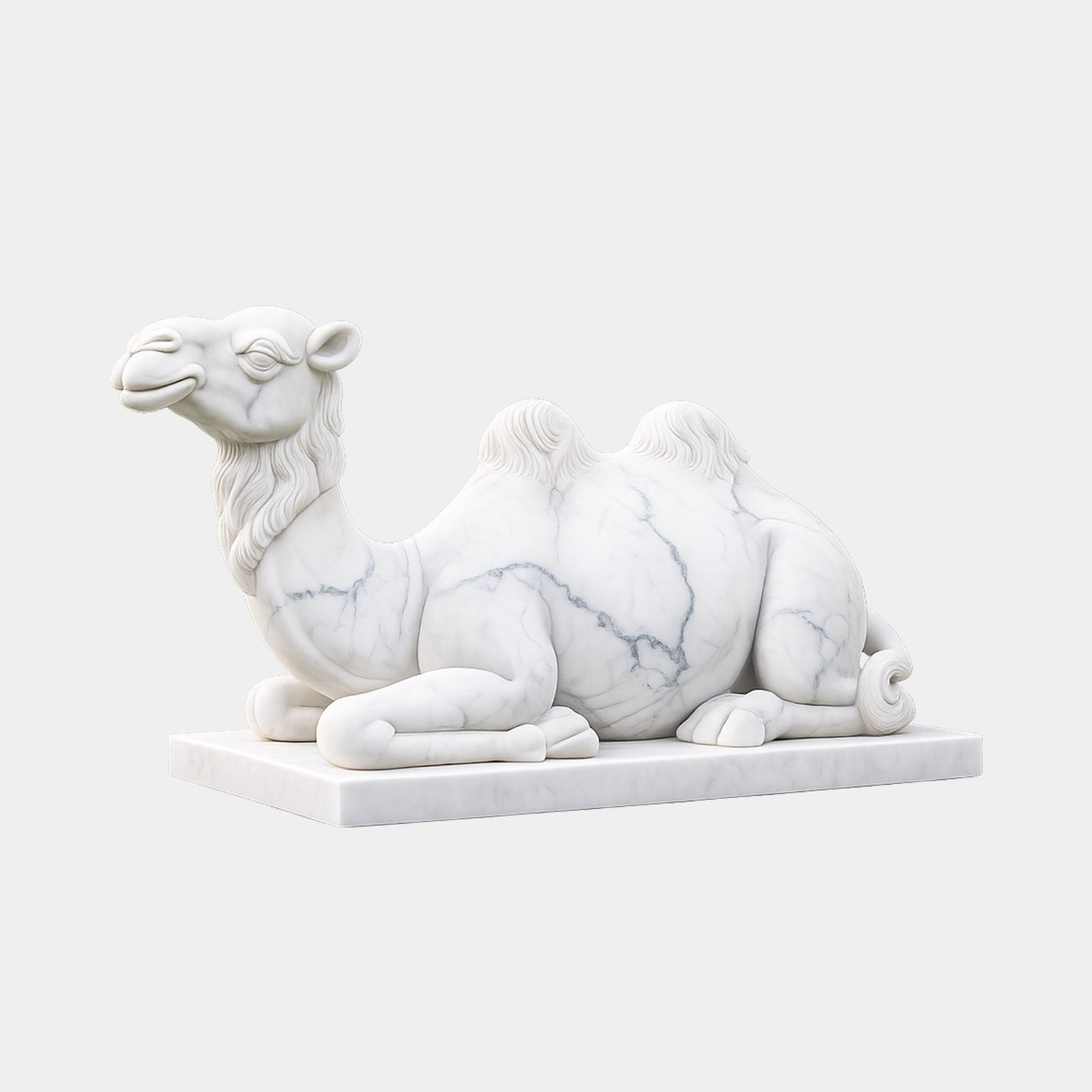 White marble Bactrian camel couchant and entirely plain, head turned back
