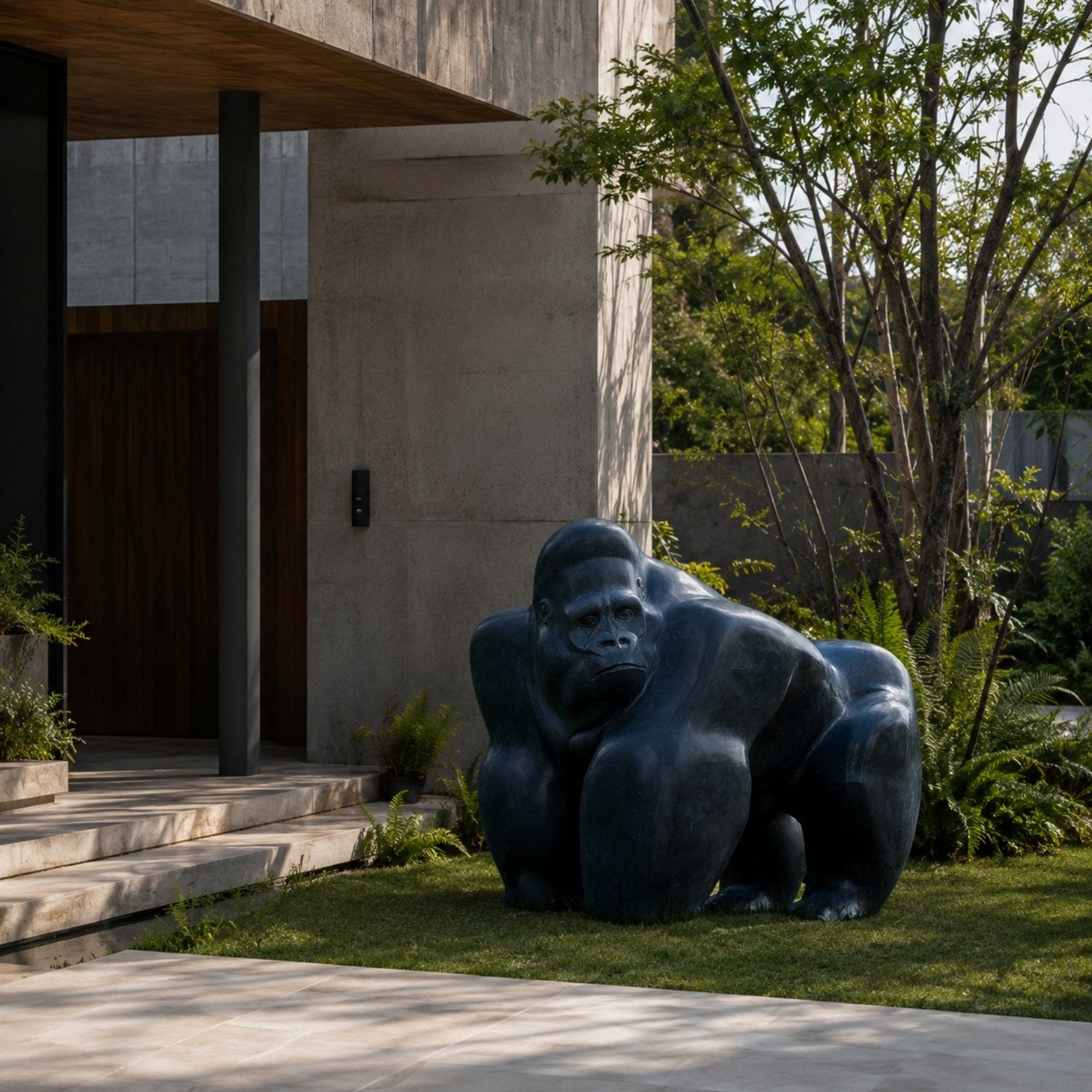 The blue-black gorilla on a lawn beside a board-marked concrete house