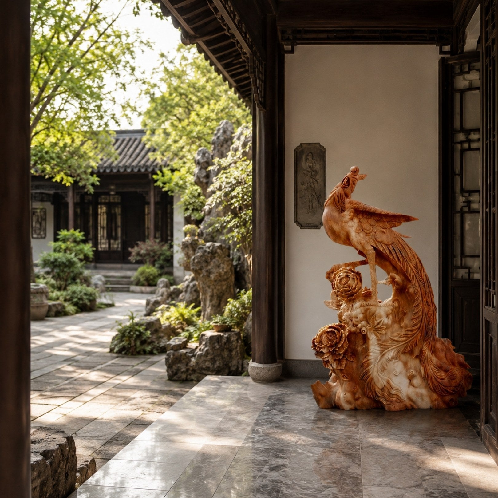 The apricot phoenix set against a pale wall on a Chinese courtyard veranda