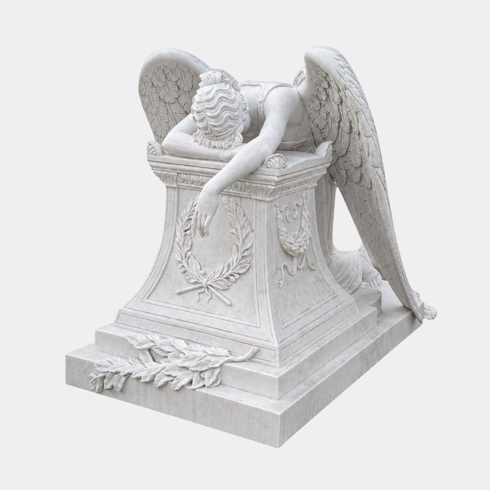 White marble weeping angel draped over a wreath-carved memorial pedestal