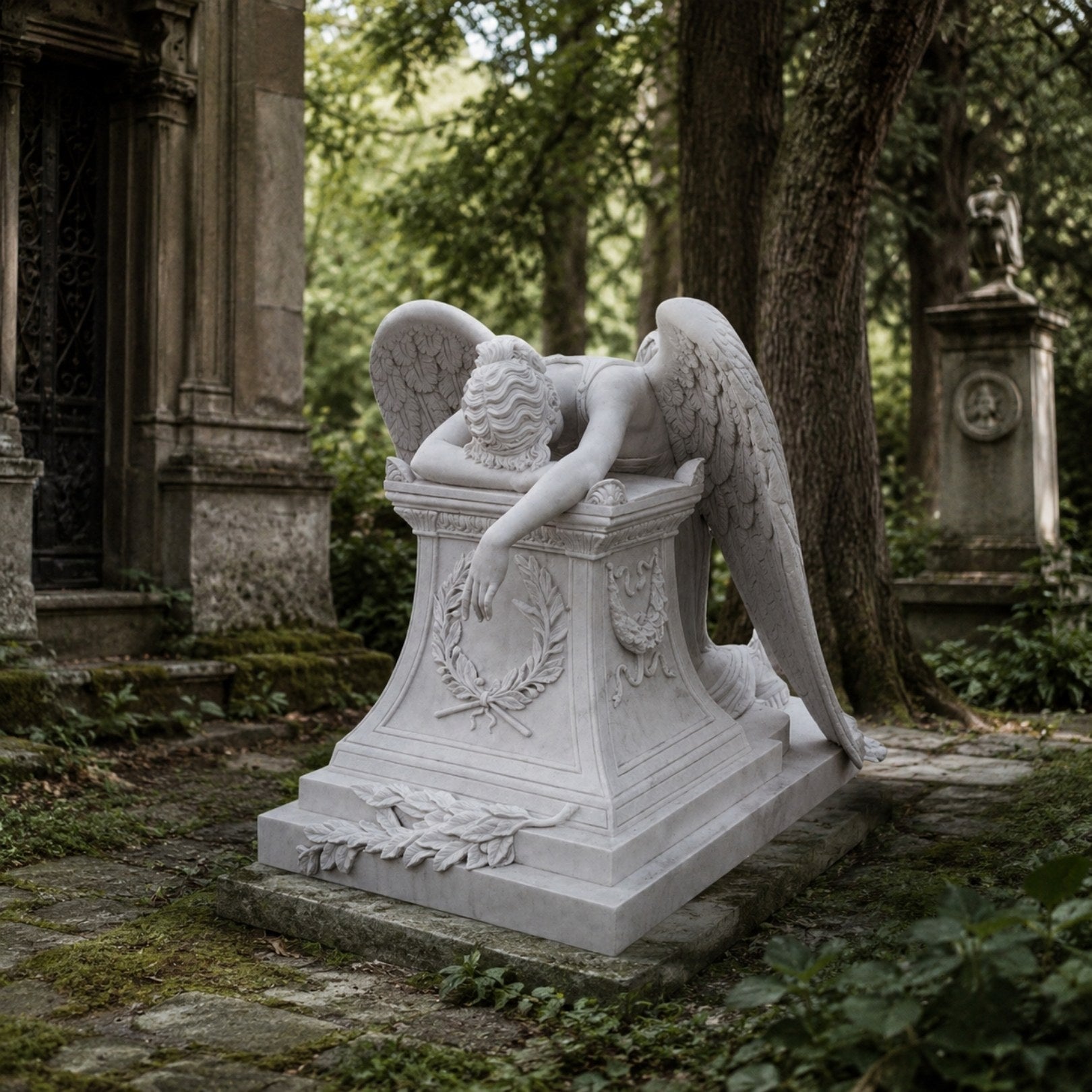 The weeping angel memorial in an old cemetery among mature trees