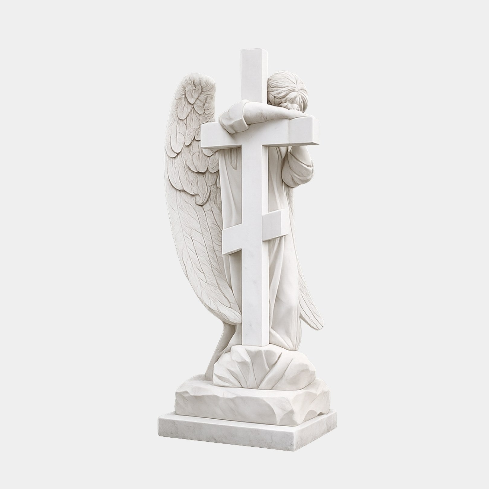 White marble weeping angel kneeling against a tall Latin cross on a stepped plinth, 150cm