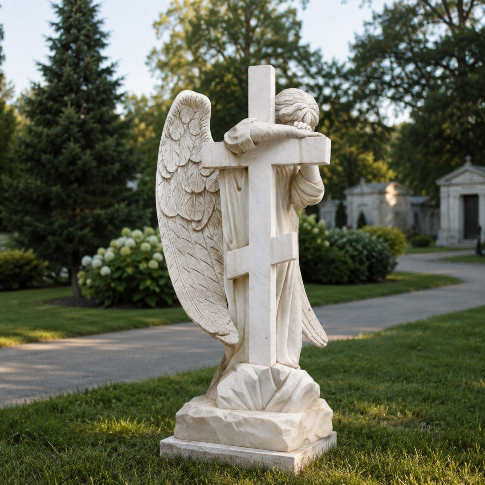 Marble weeping angel and cross memorial shown on a churchyard plot