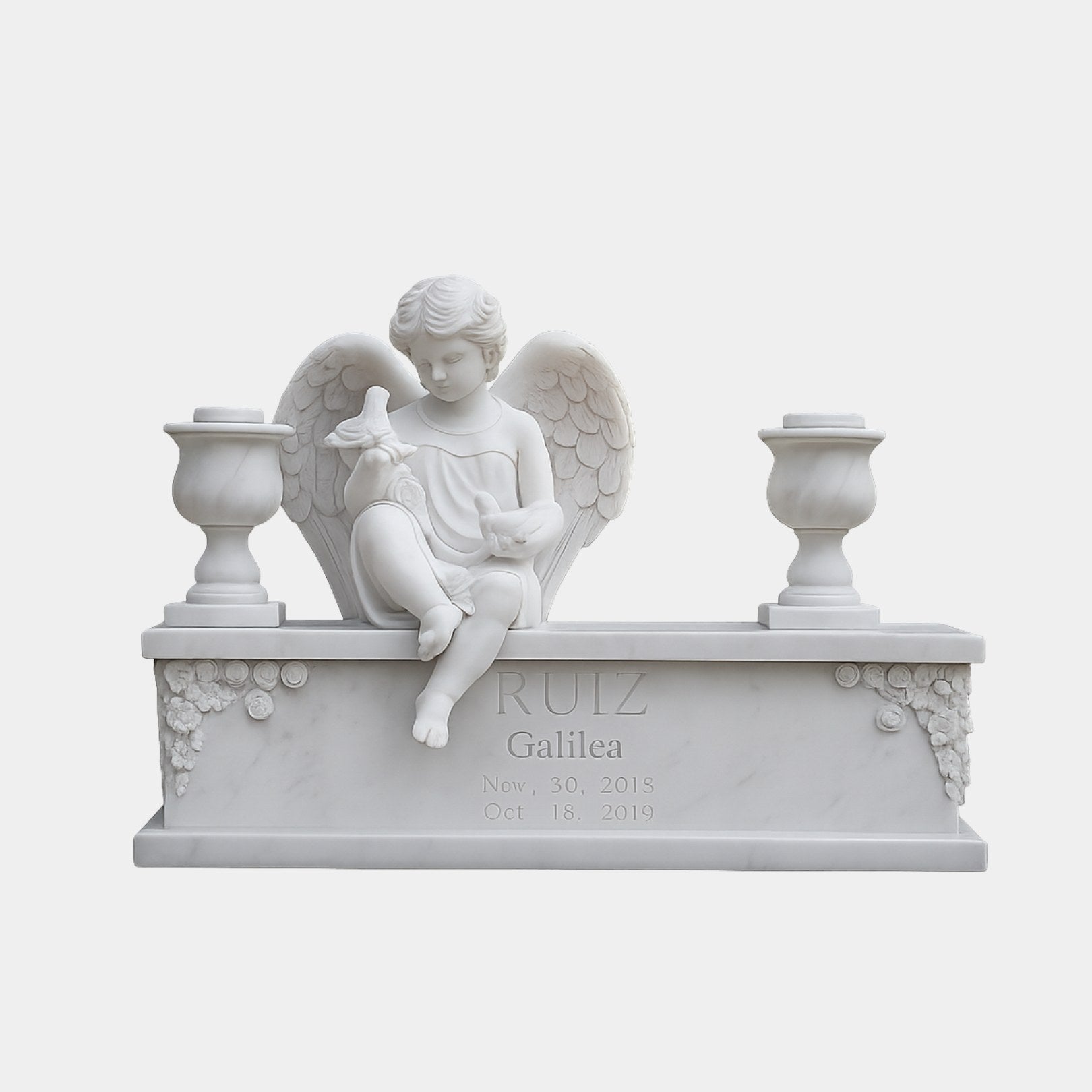 White marble child angel holding two doves on a chest ledge with flower vases, 120cm