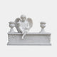 White marble child angel holding two doves on a chest ledge with flower vases, 120cm