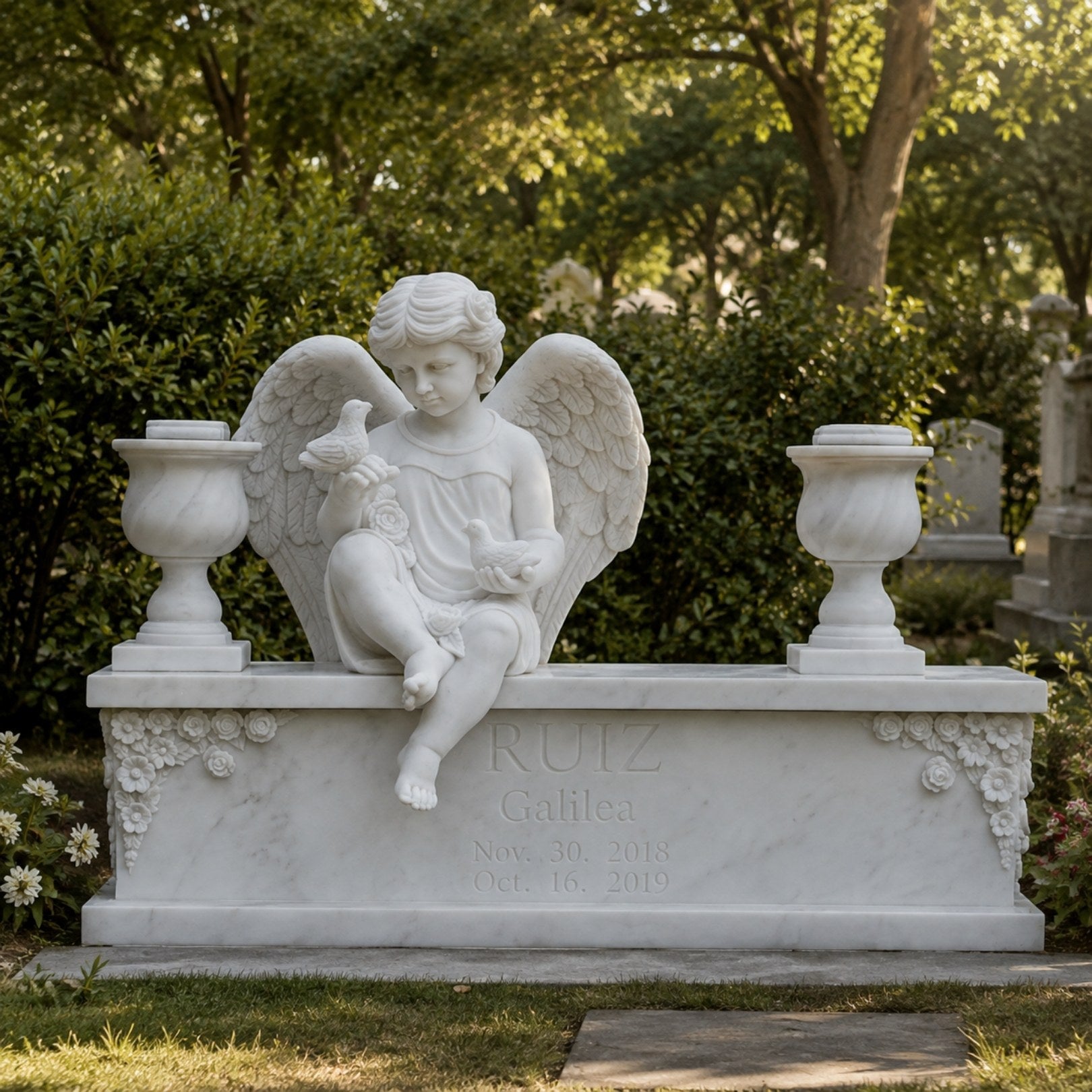 Marble child angel and doves memorial shown in a churchyard