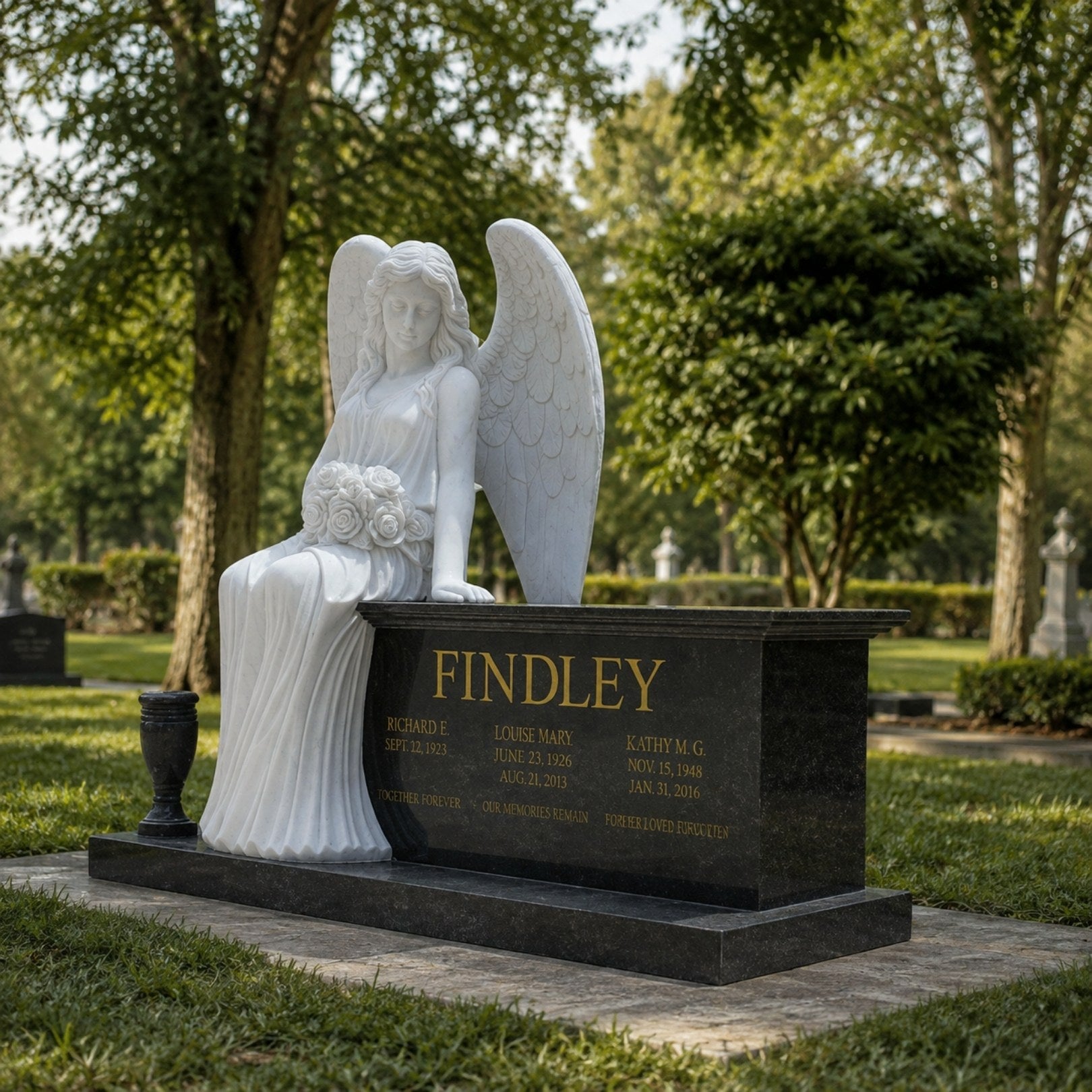 Marble angel and black granite chest memorial shown on a family plot