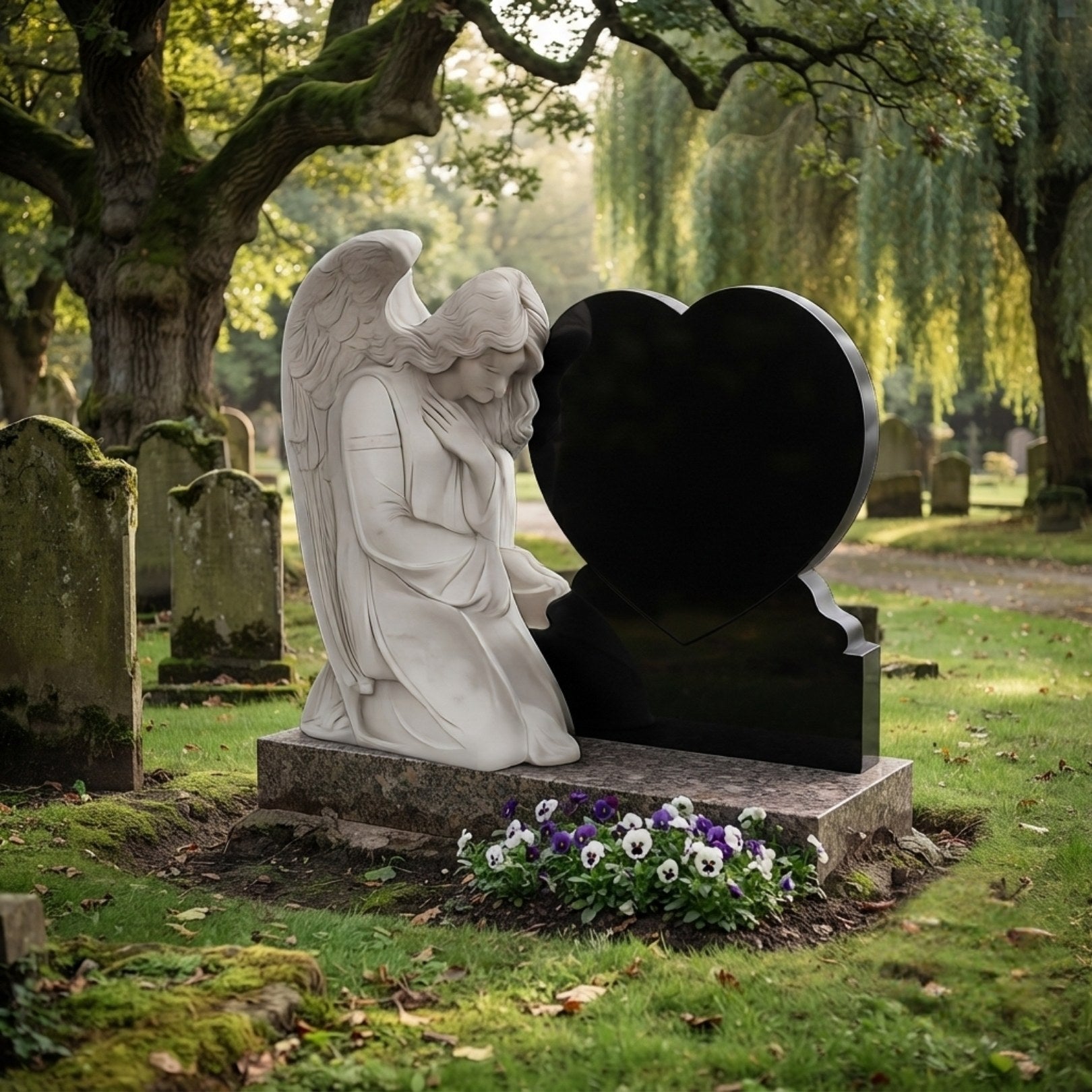 Granite heart headstone and marble angel shown on a churchyard plot
