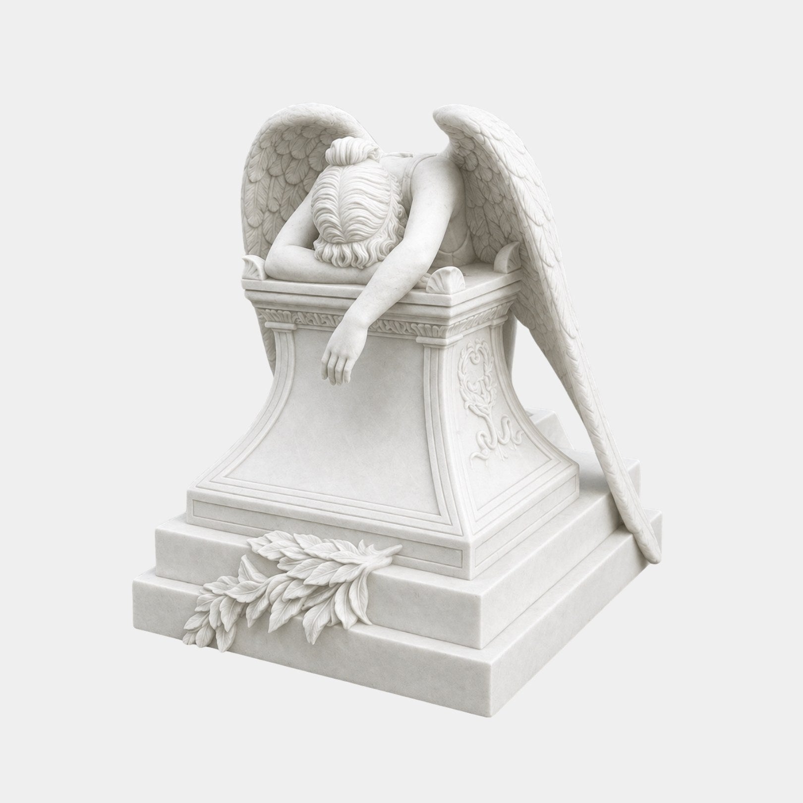 White marble weeping angel collapsed over a moulded plinth on a two-step base, 150cm