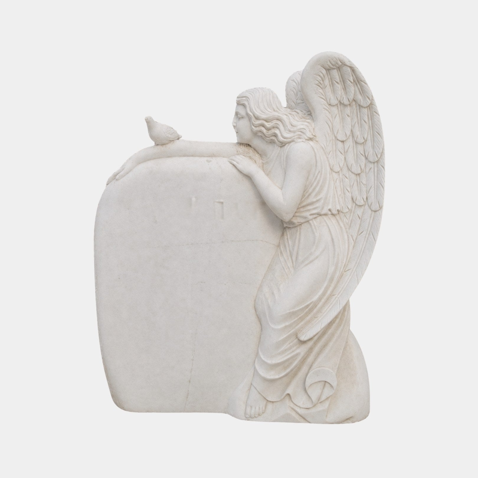 White marble angel kneeling against a rounded tablet with a carved dove, 160cm