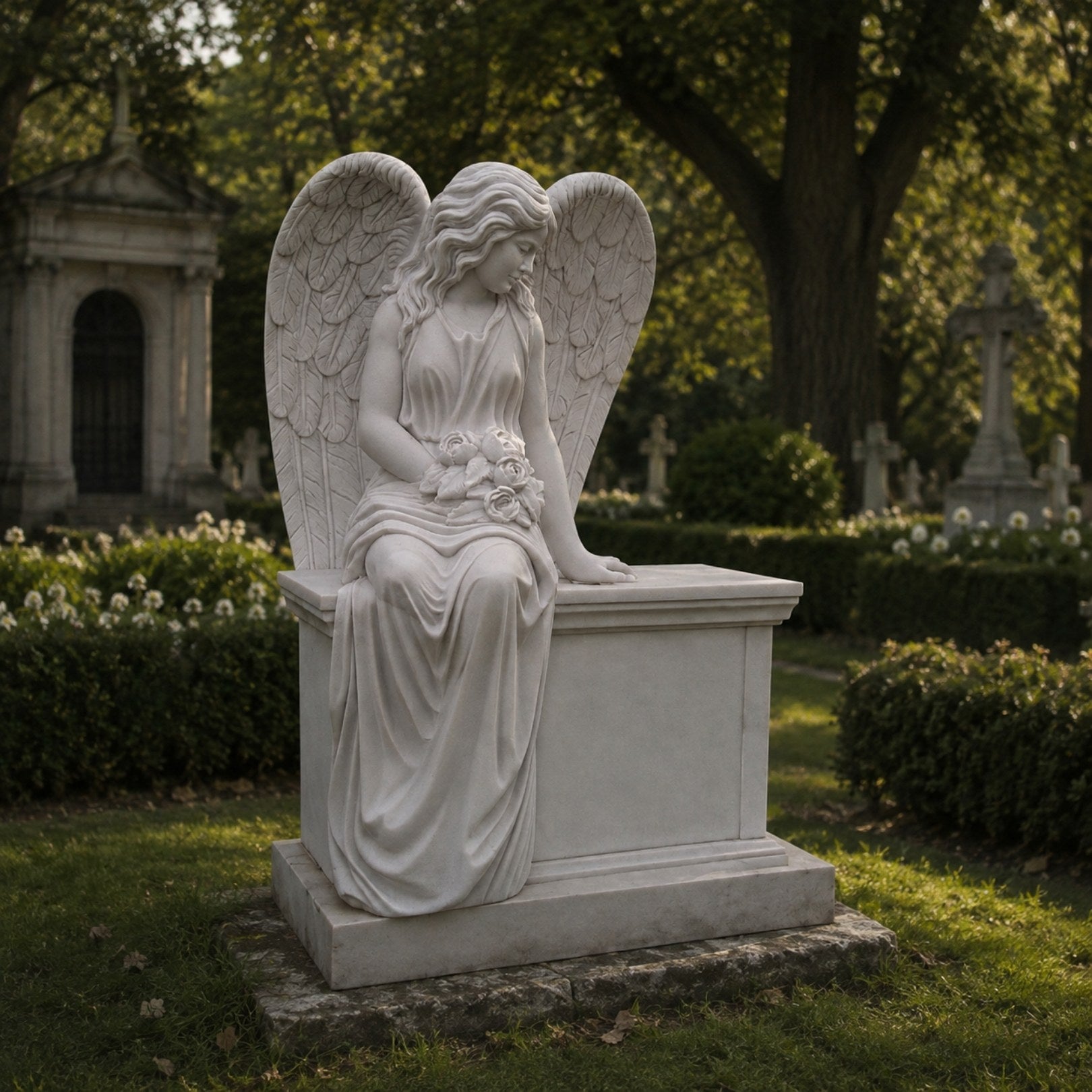 Marble seated angel headstone shown on a churchyard plot