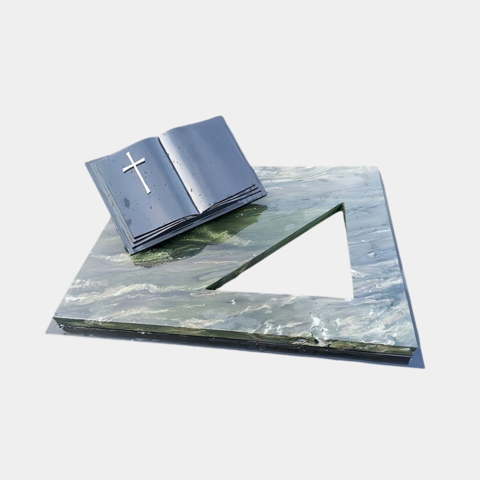 Blue-grey marble open book grave ledger with a pale cross on the left page, 35cm