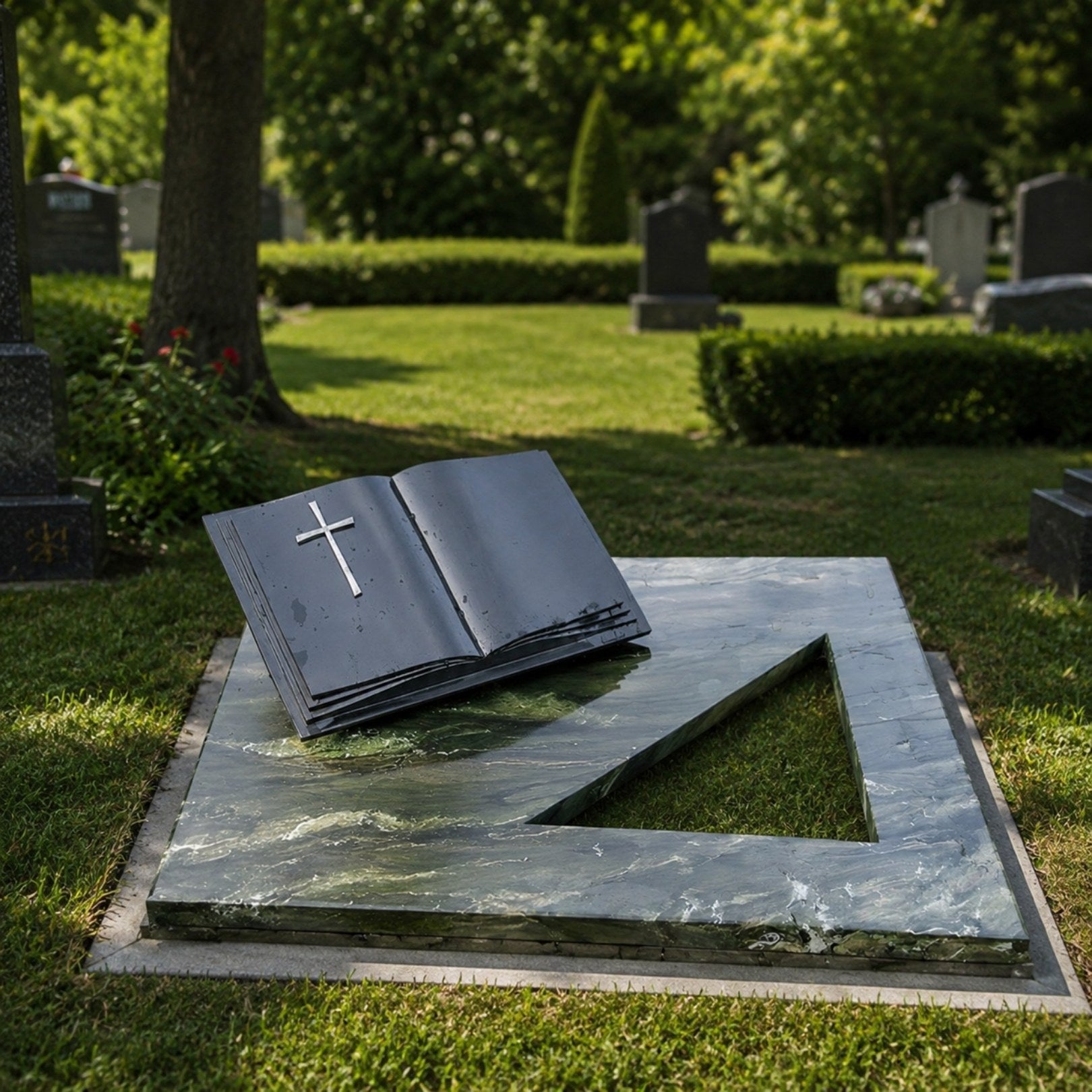 Marble open book ledger shown resting on a stone kerb surround in a cemetery lawn