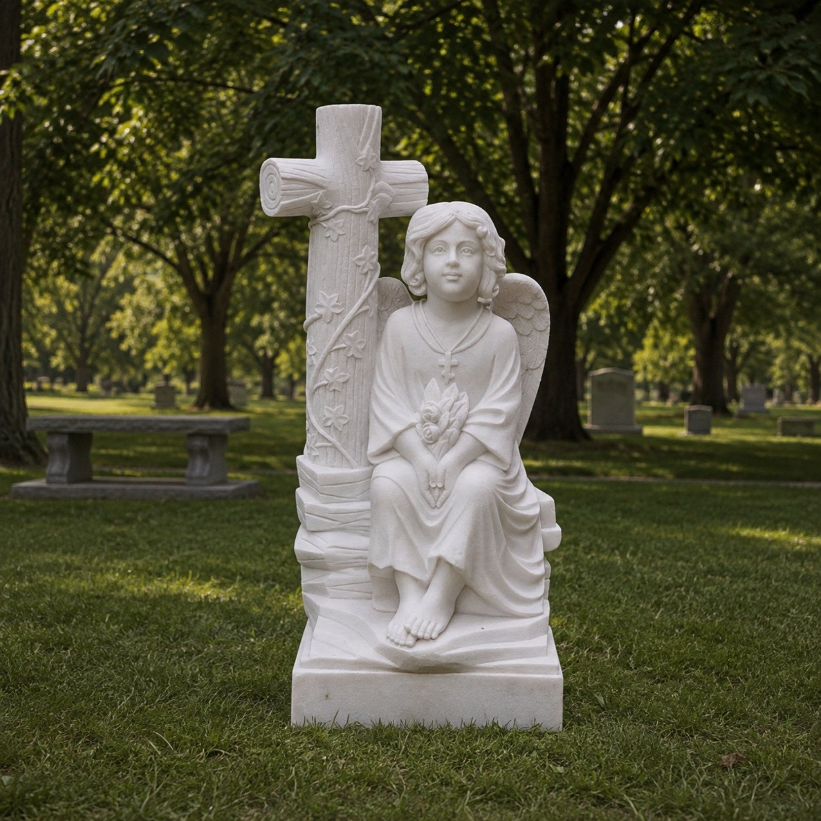 Marble child angel and cross memorial shown on a churchyard lawn