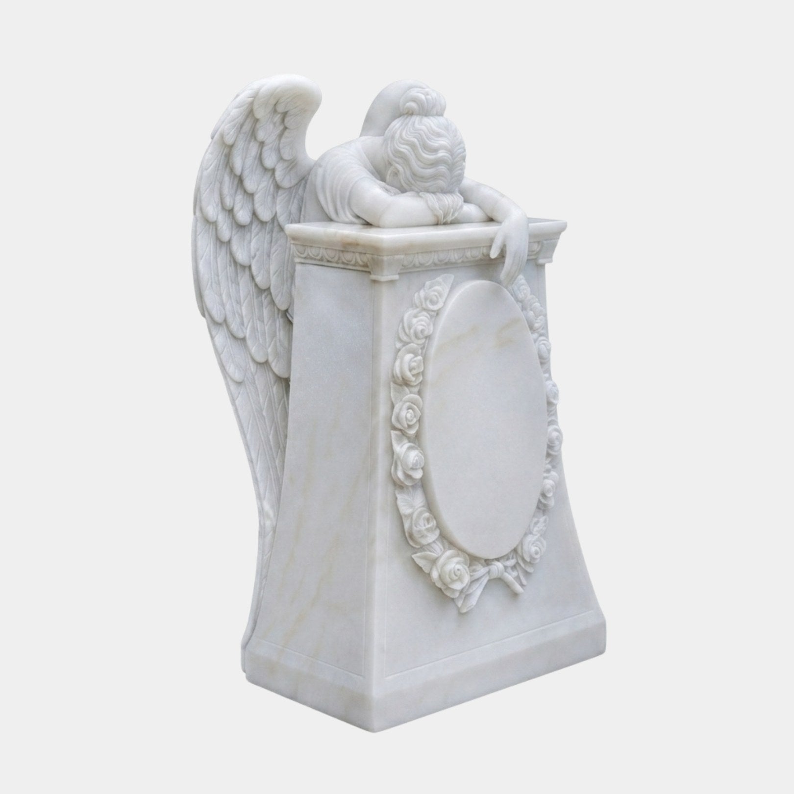 White marble mourning angel over a tapered pedestal with a rose garland oval, 150cm