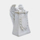 White marble mourning angel over a tapered pedestal with a rose garland oval, 150cm