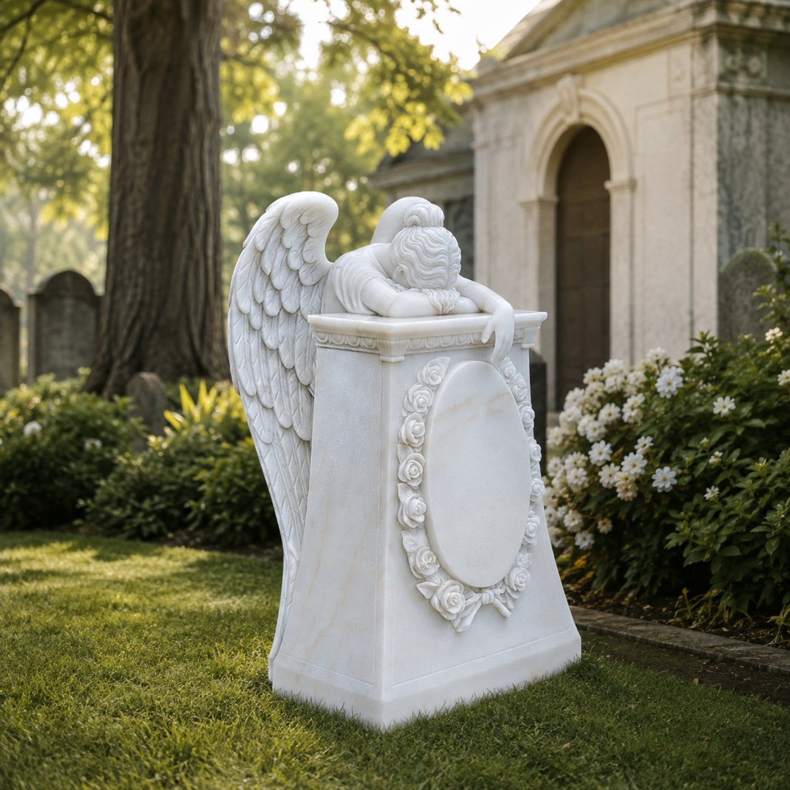 Marble mourning angel pedestal memorial shown on a cemetery plot