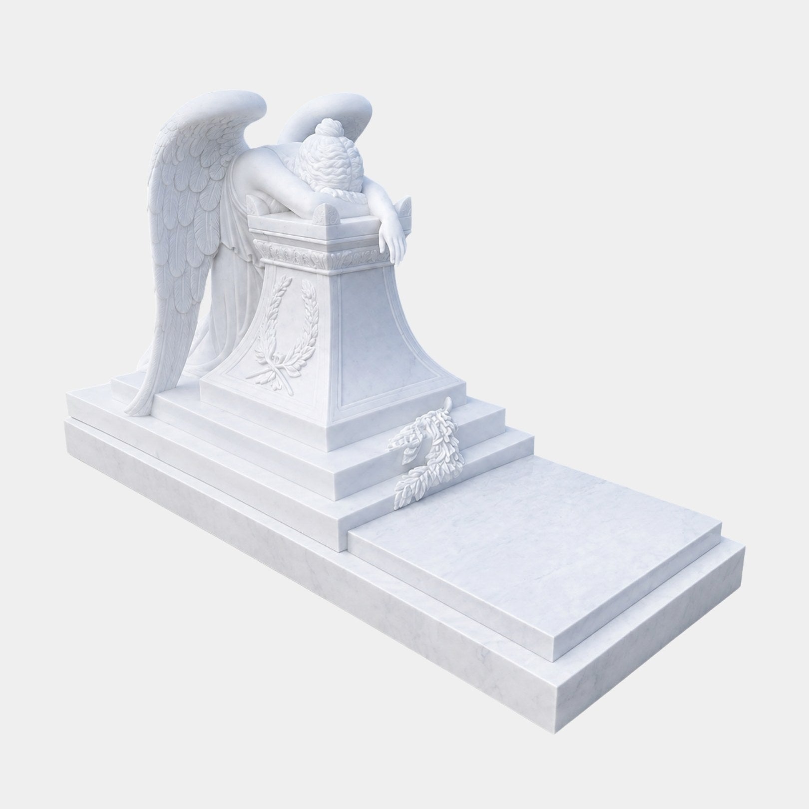 White marble weeping angel on a laurel pedestal with a full grave ledger, 150cm