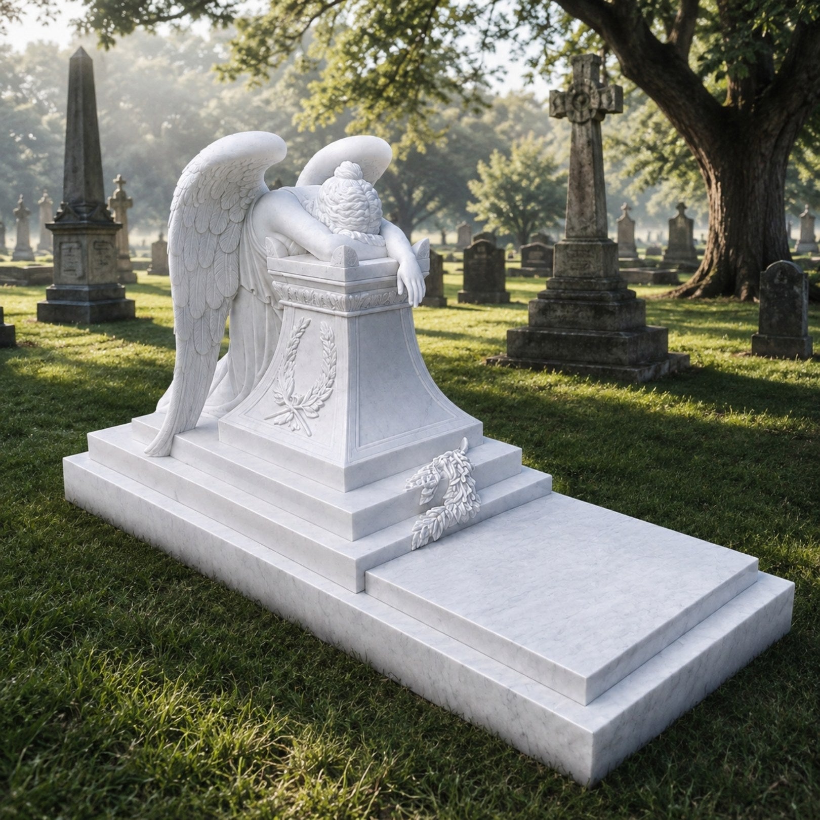 Marble weeping angel monument and ledger shown down a cemetery avenue