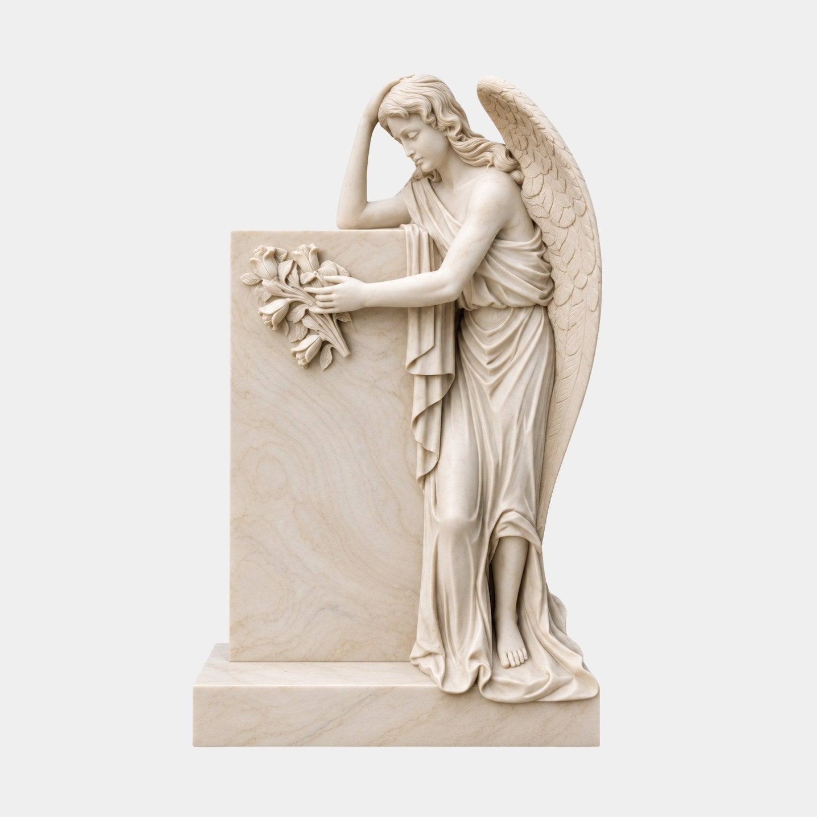 Antiqued cream marble angel leaning on a plain stele with carved lilies, 170cm