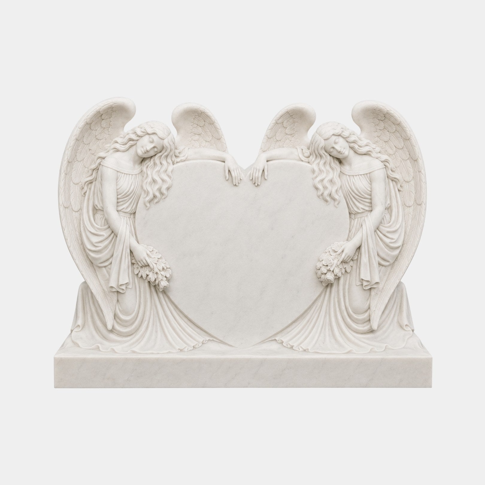 White marble headstone with two mirrored angels flanking a heart tablet, 120cm