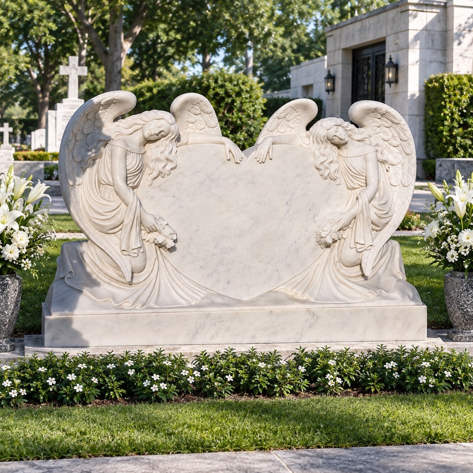 Marble double angel heart headstone shown on a family grave plot