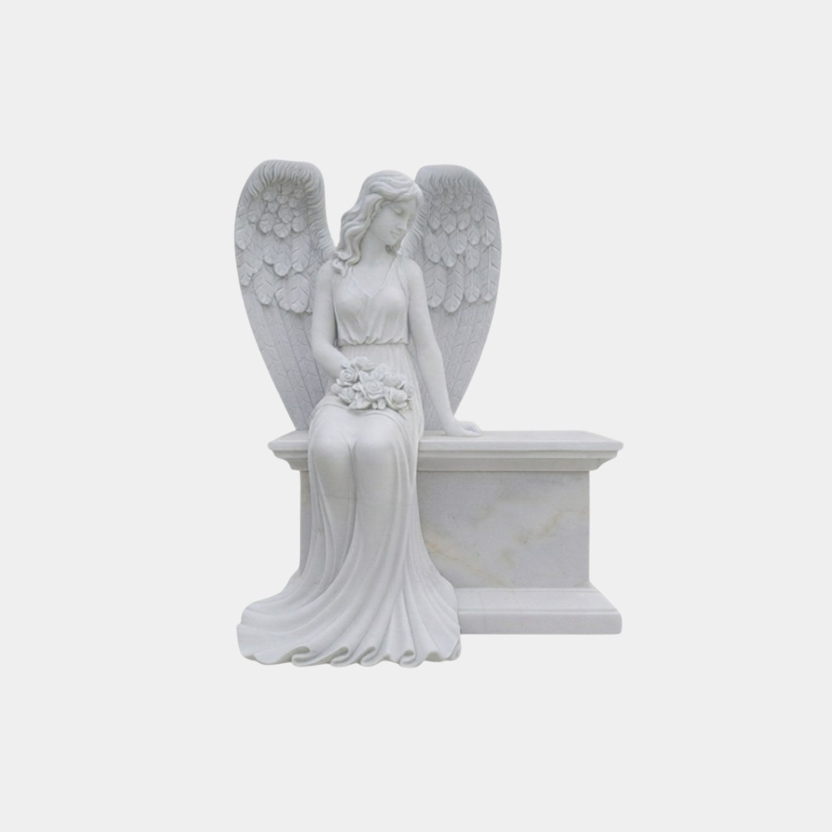 White marble angel seated on a bench-form headstone with roses in her lap, 170cm