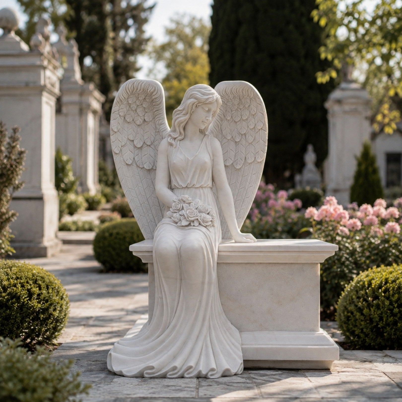 Marble seated angel bench headstone shown on a cemetery lawn