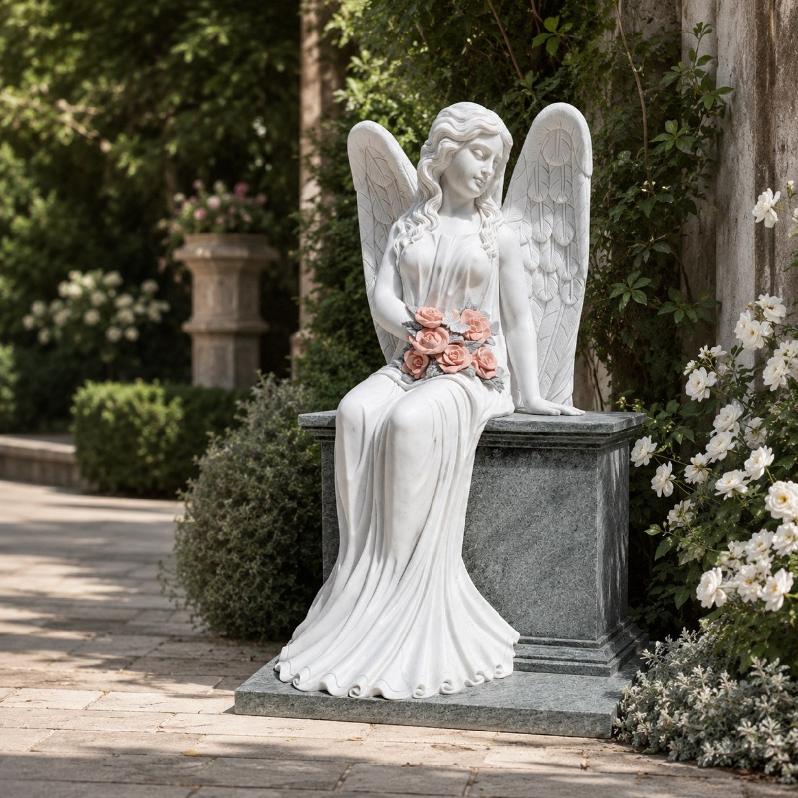 Marble seated angel garden statue shown beside a gravel garden path